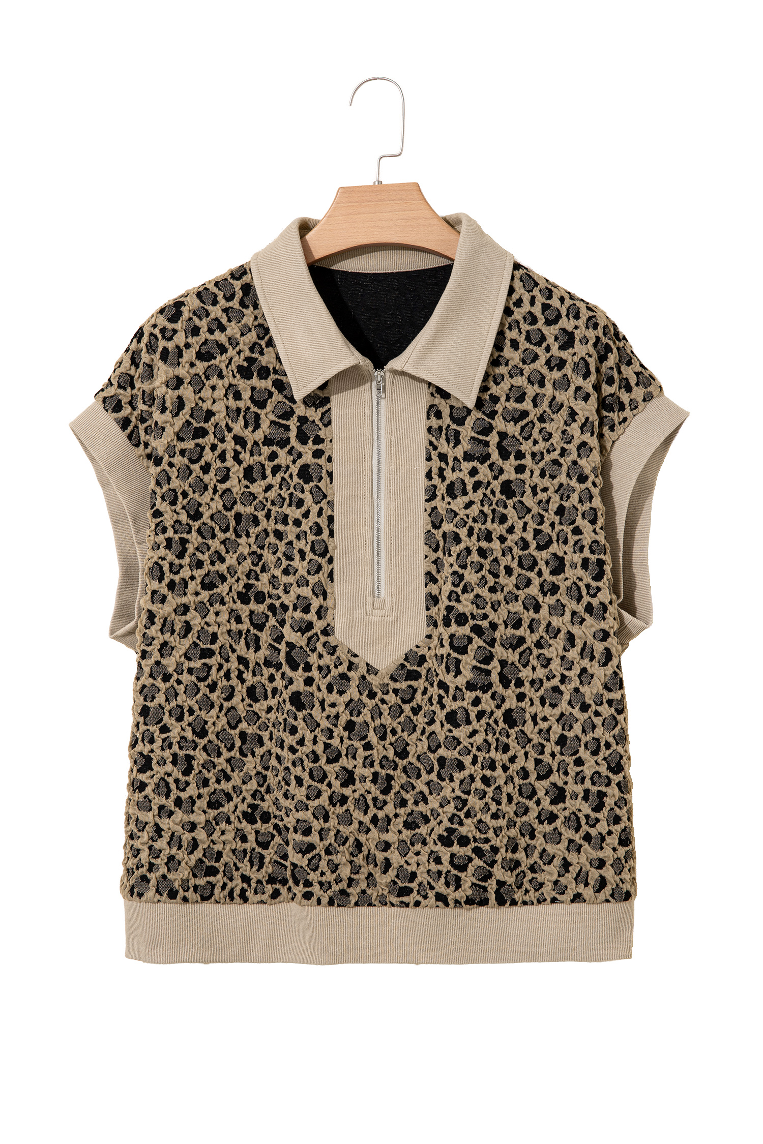 Beige Ribbed Patchwork Collar Cuffed Sleeve Leopard Plus Top
