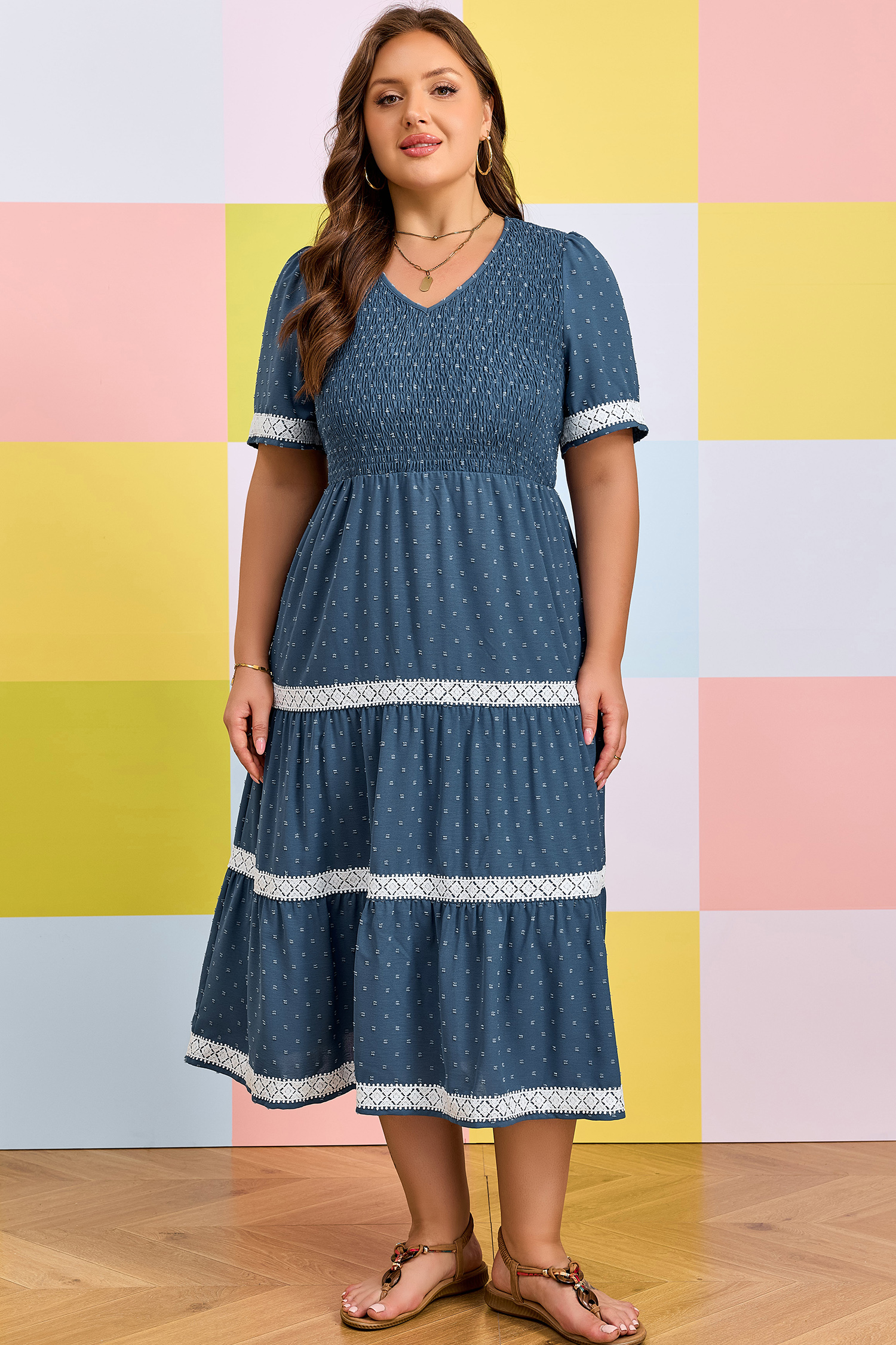 Plus Size Dusk Blue  V Neck Swiss Dot Lace Patchwork Detail Flared Midi Dress