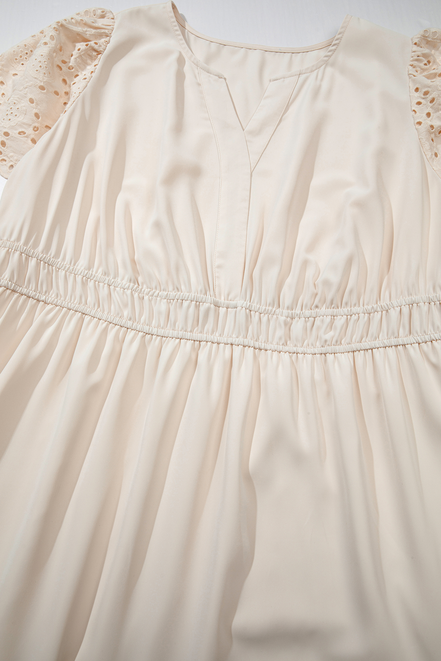 Plus Size Apricot  V Neck Lacy Embroidery Patchwork Short Sleeve Maxi Dress