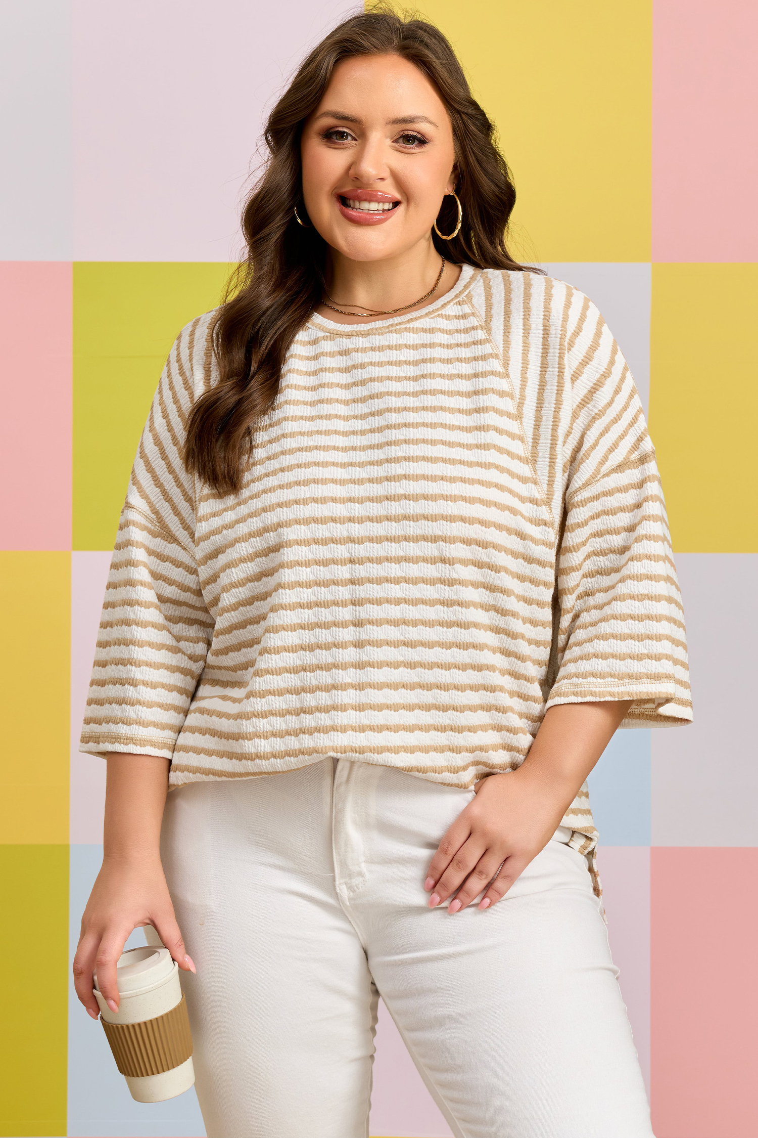 Plus Size Apricot Stripe  Textured Patchwork Detail Half Sleeve Top