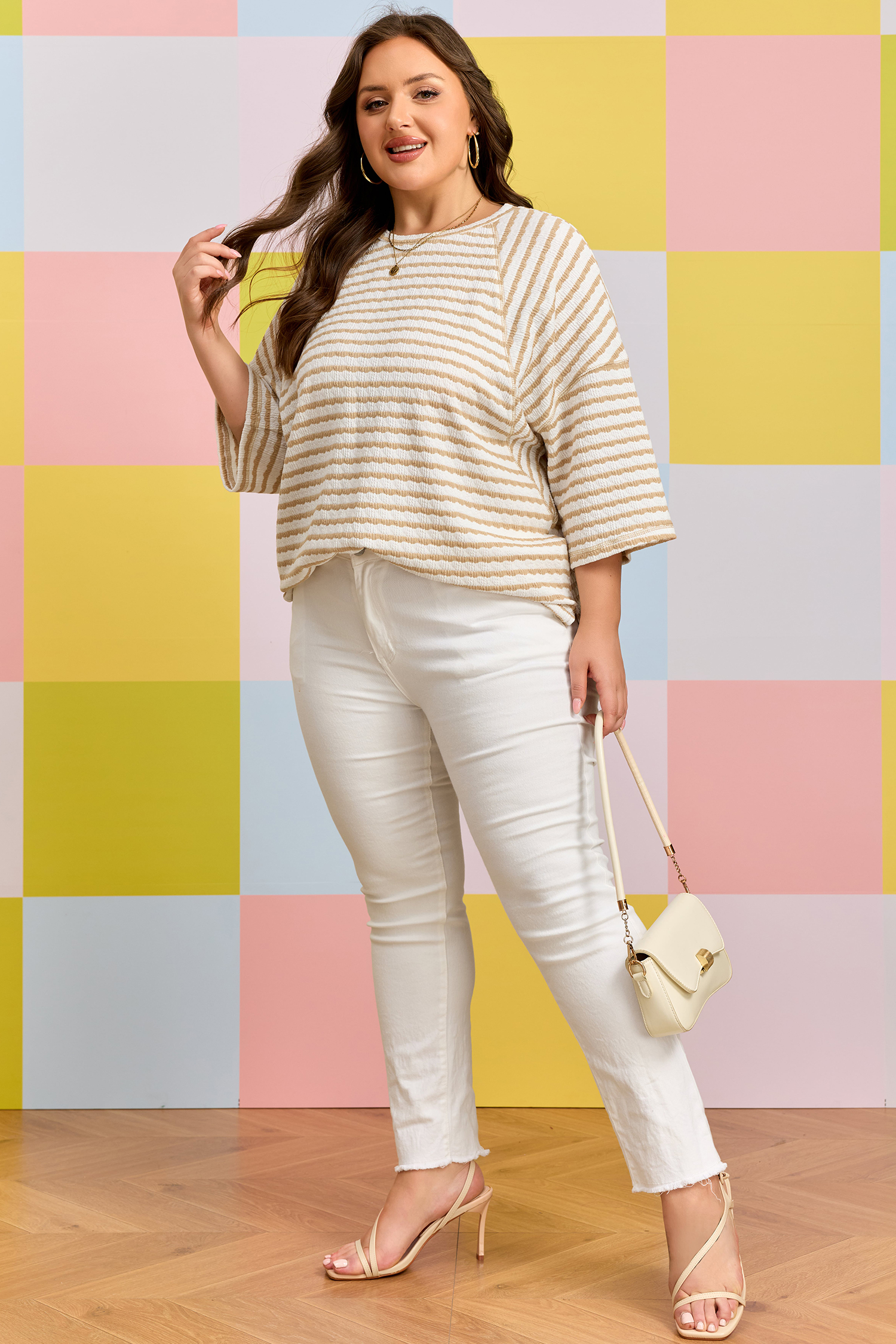 Plus Size Apricot Stripe  Textured Patchwork Detail Half Sleeve Top