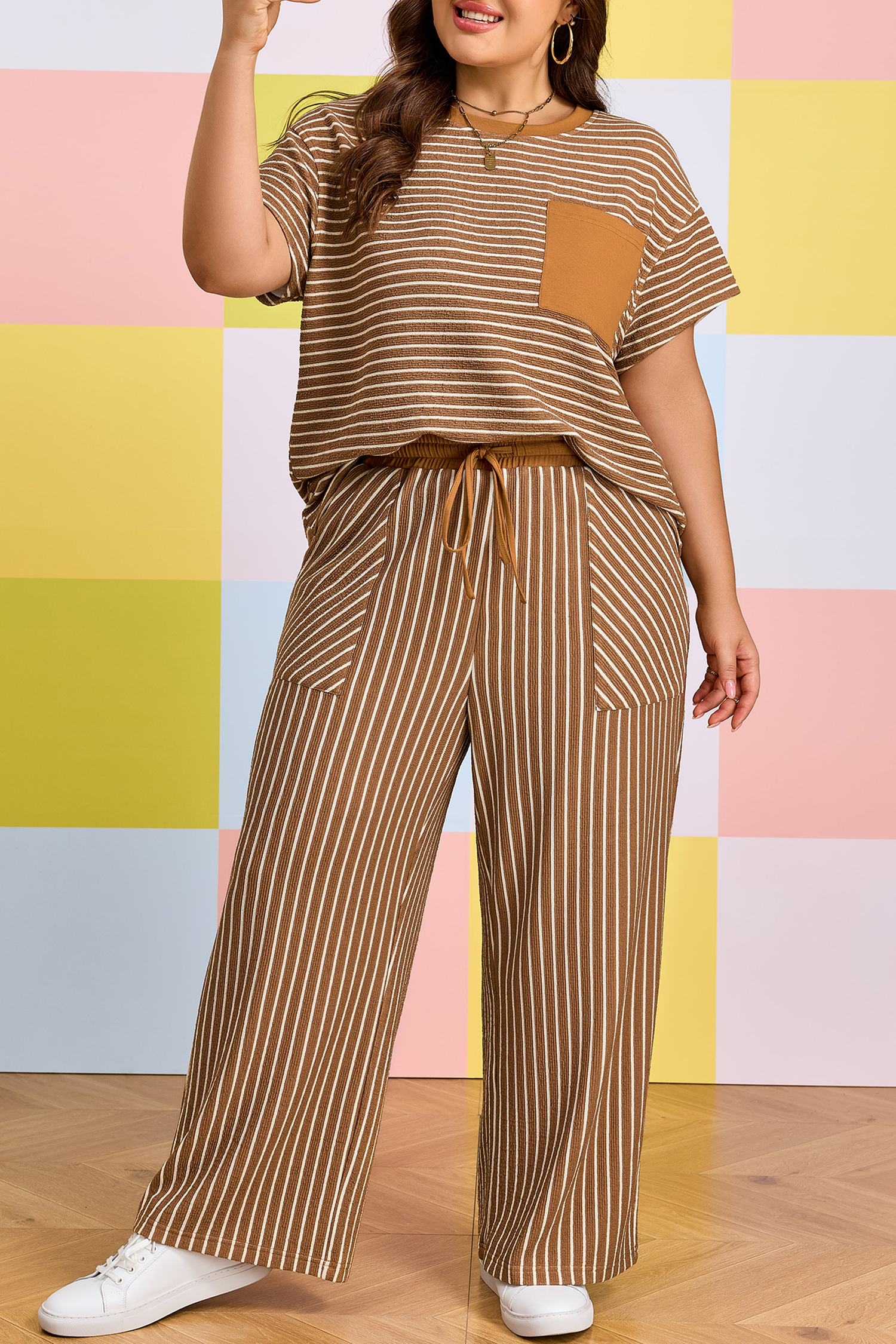 Plus Size Khaki Stripe  Striped Colorblock Pocket Lounge Set