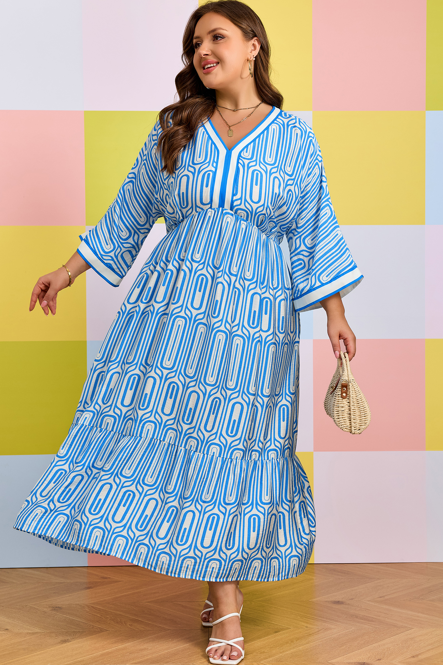 Plus Size Sky Blue  Geometric Print Contrast Trim V Neck Bracelet Sleeve Long Dress