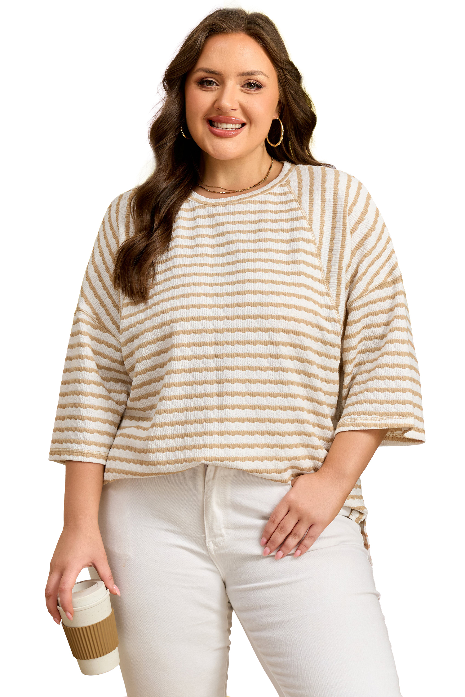 Plus Size Apricot Stripe  Textured Patchwork Detail Half Sleeve Top