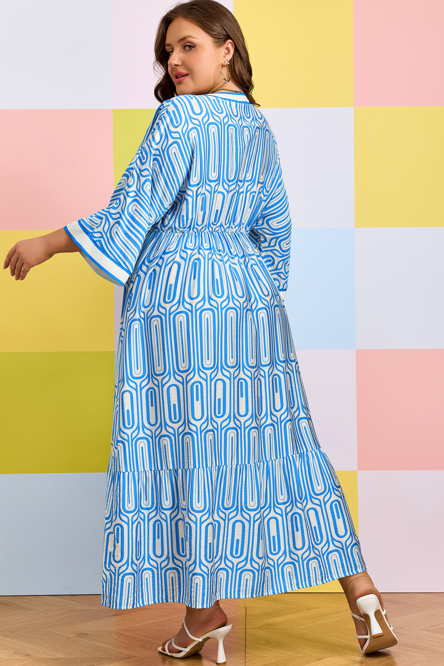 Plus Size Sky Blue  Geometric Print Contrast Trim V Neck Bracelet Sleeve Long Dress