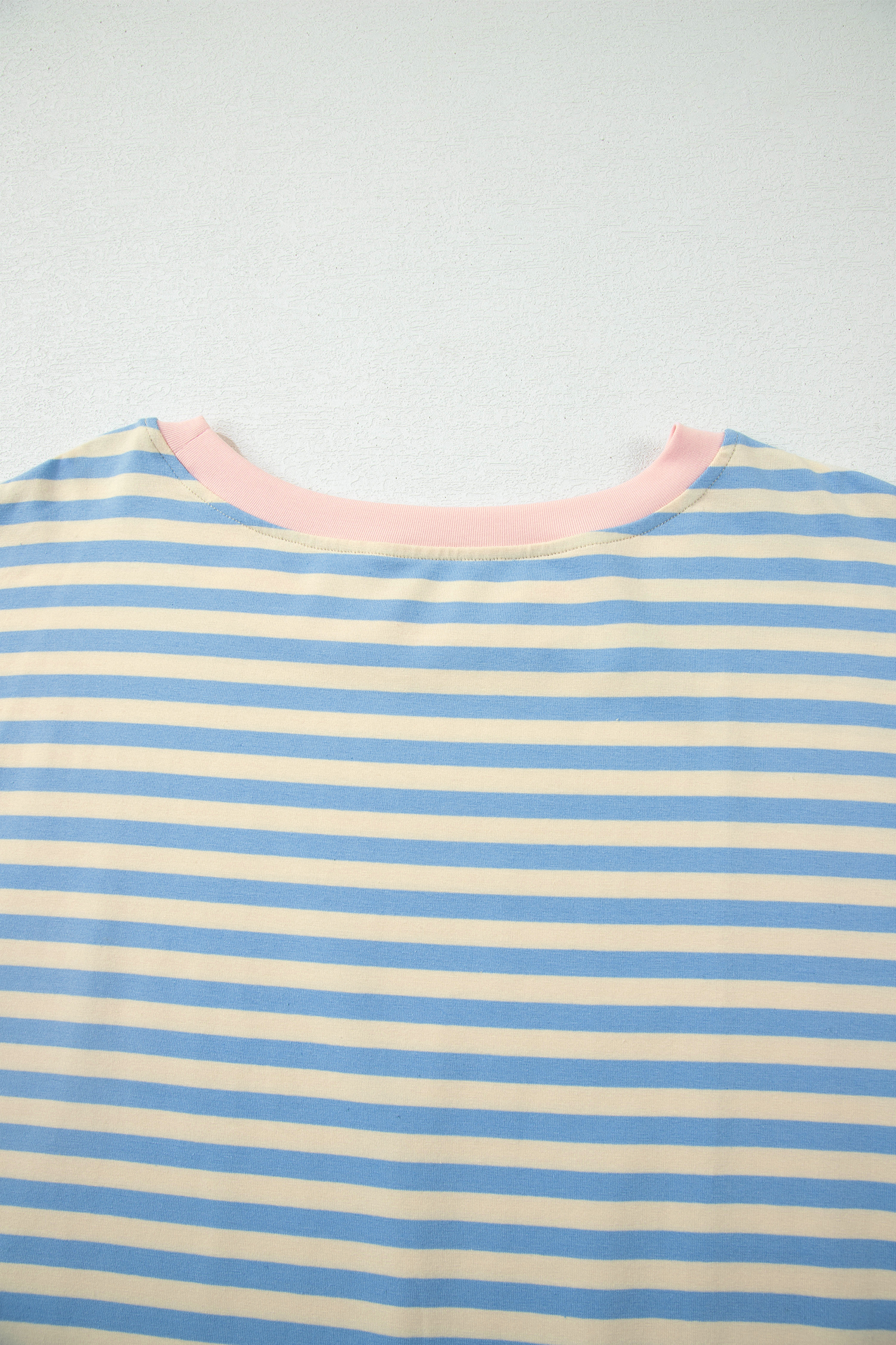 Plus Size Sky Blue Stripe  Drop Shoulder Contrast Trim Round Neck Tee
