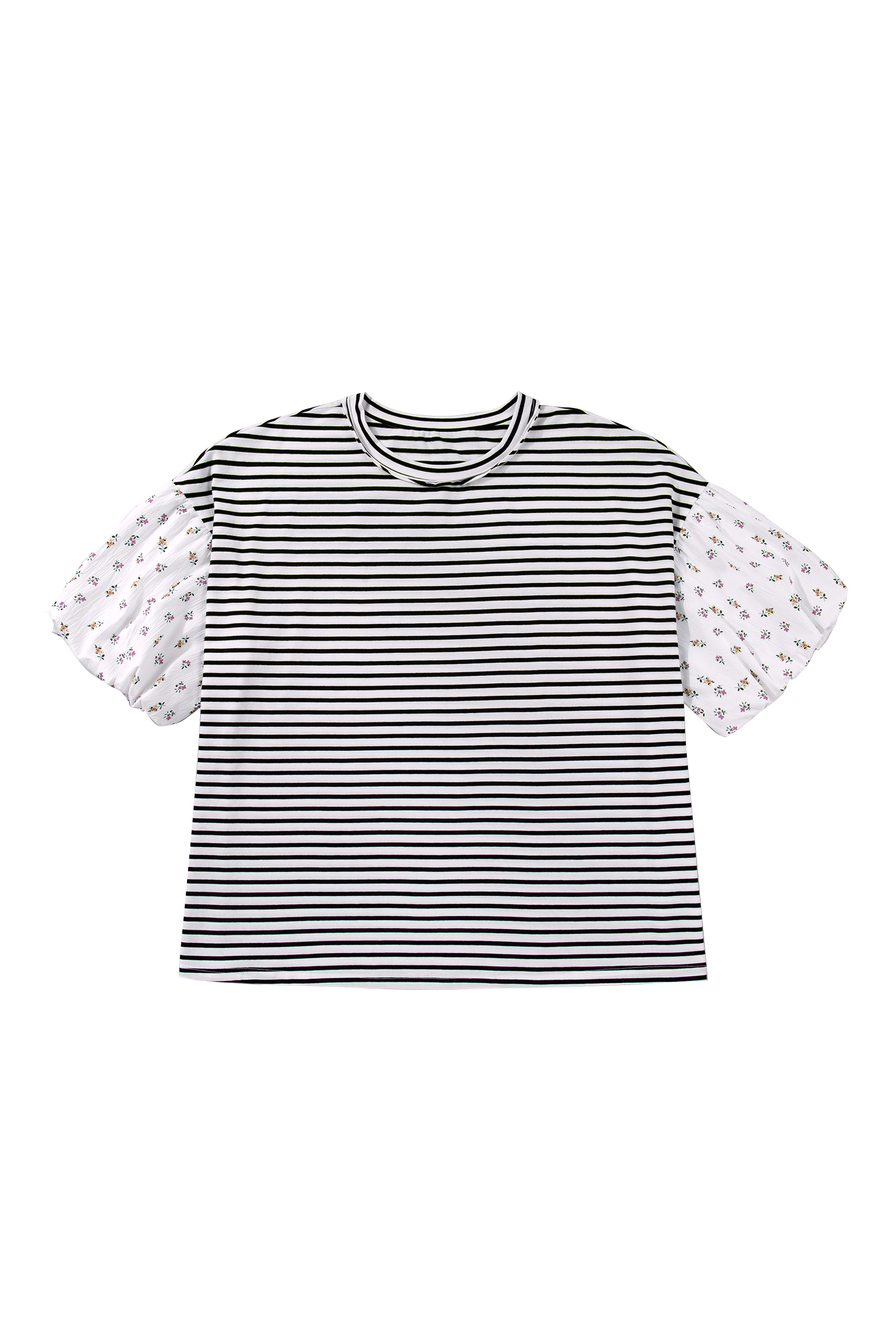 Plus Size Black Stripe  Striped Short Sleeve Top with Floral Puff Sleeves