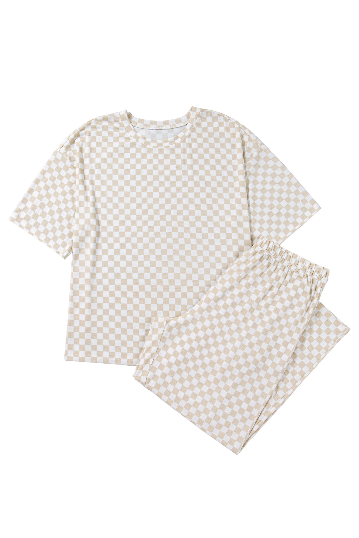 Plus Size Khaki  Checkered Print Half Sleeve Tee Loose Pants Two-piece Lounge Set