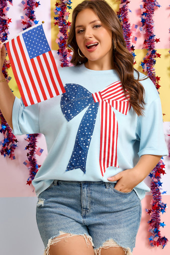 Plus Size Beau Blue  Patriotic Bow Patchwork Graphic T-Shirt