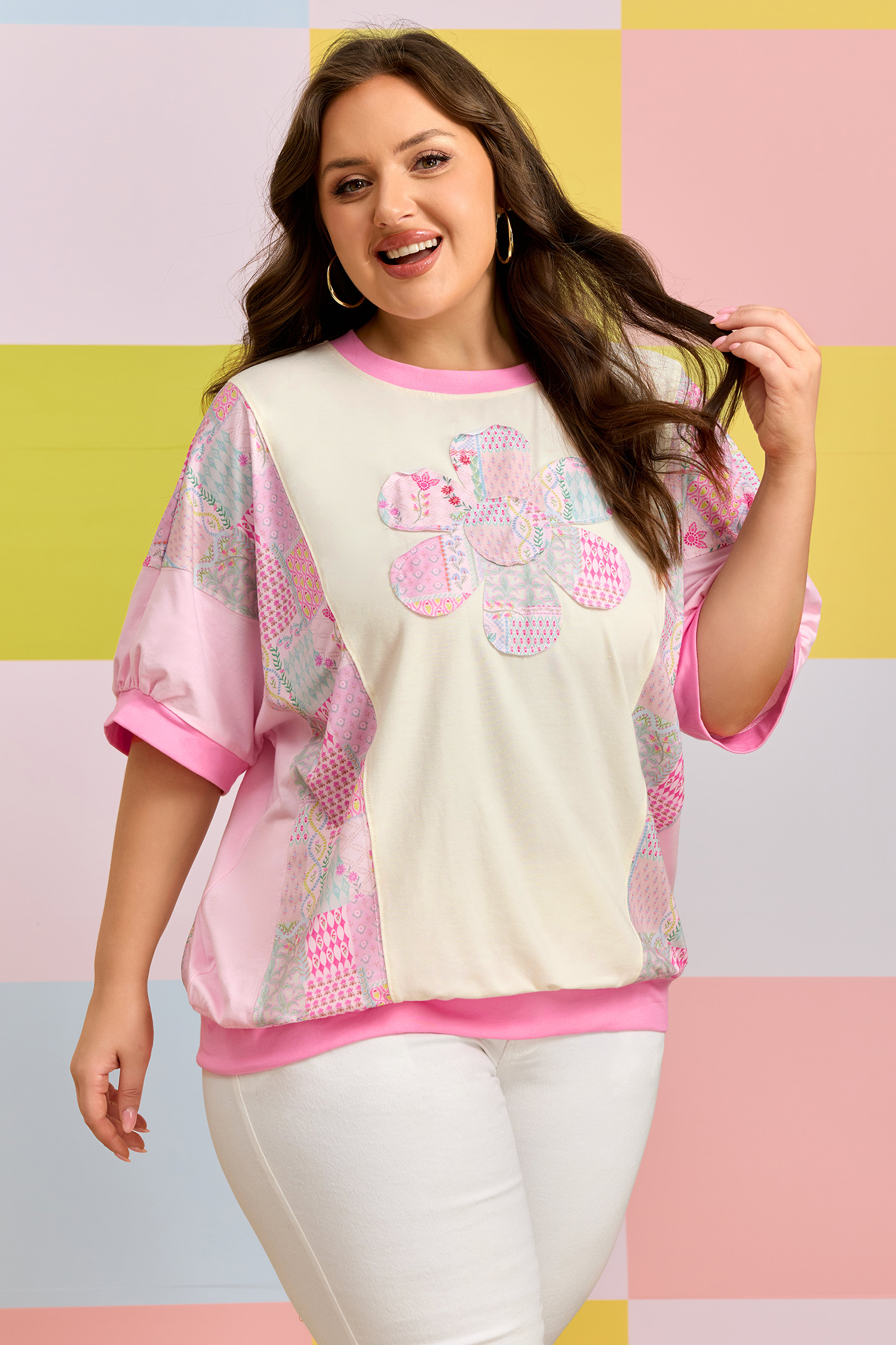 Plus Size Beige  Floral Patchwork Short Sleeve Patch Embroidery Cotton T Shirt