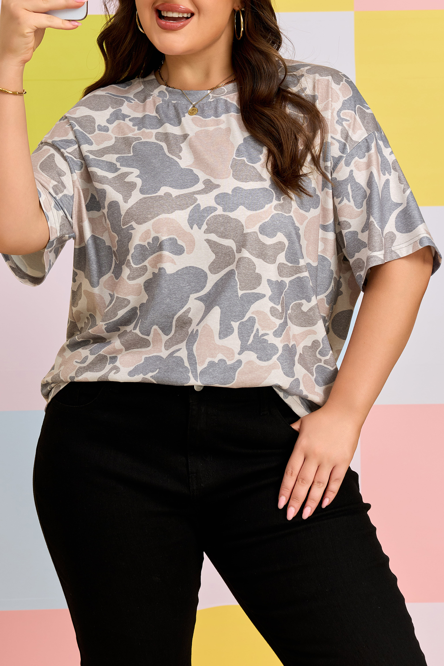 Plus Size Multicolour Retro Camouflage Print  T Shirt