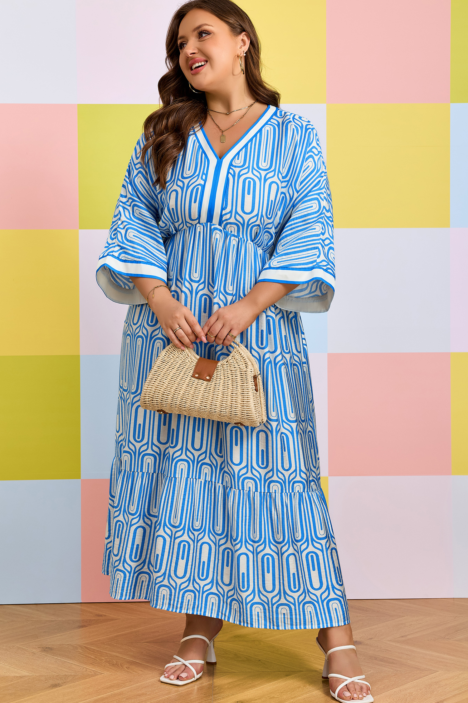 Plus Size Sky Blue  Geometric Print Contrast Trim V Neck Bracelet Sleeve Long Dress