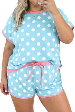 Plus Size Sky Blue Polka Dot Print Color Block Trim  2pcs Short Set