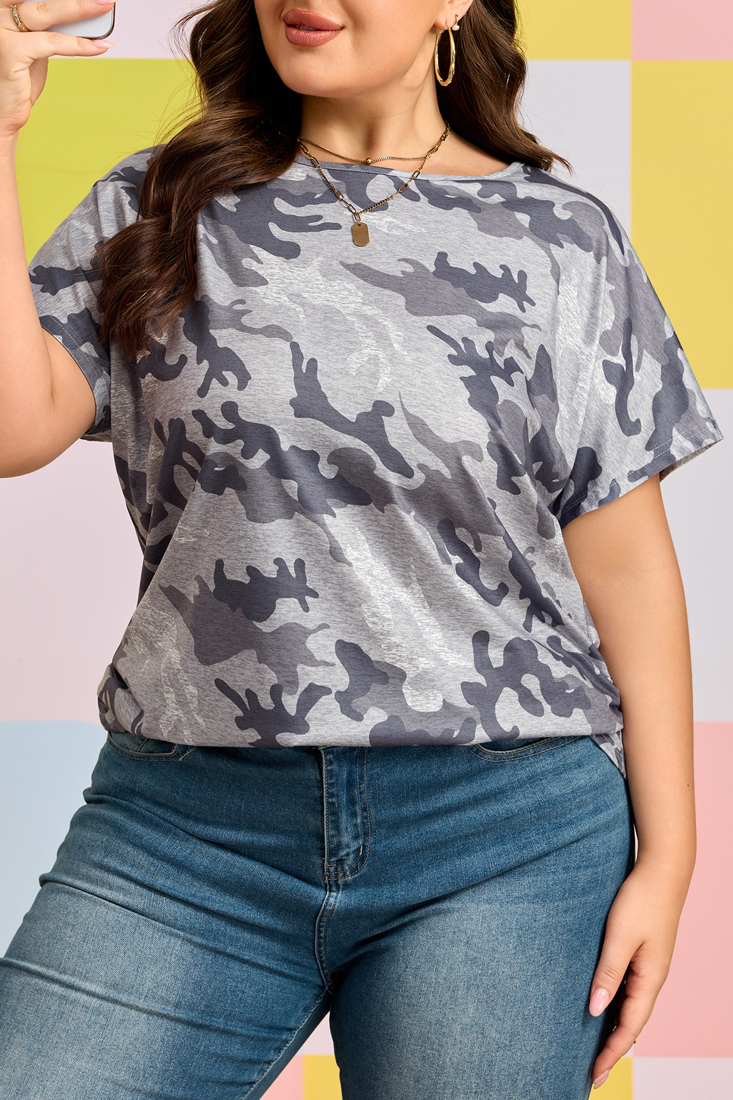 Plus Size Gray  Camo Print Casual T Shirt