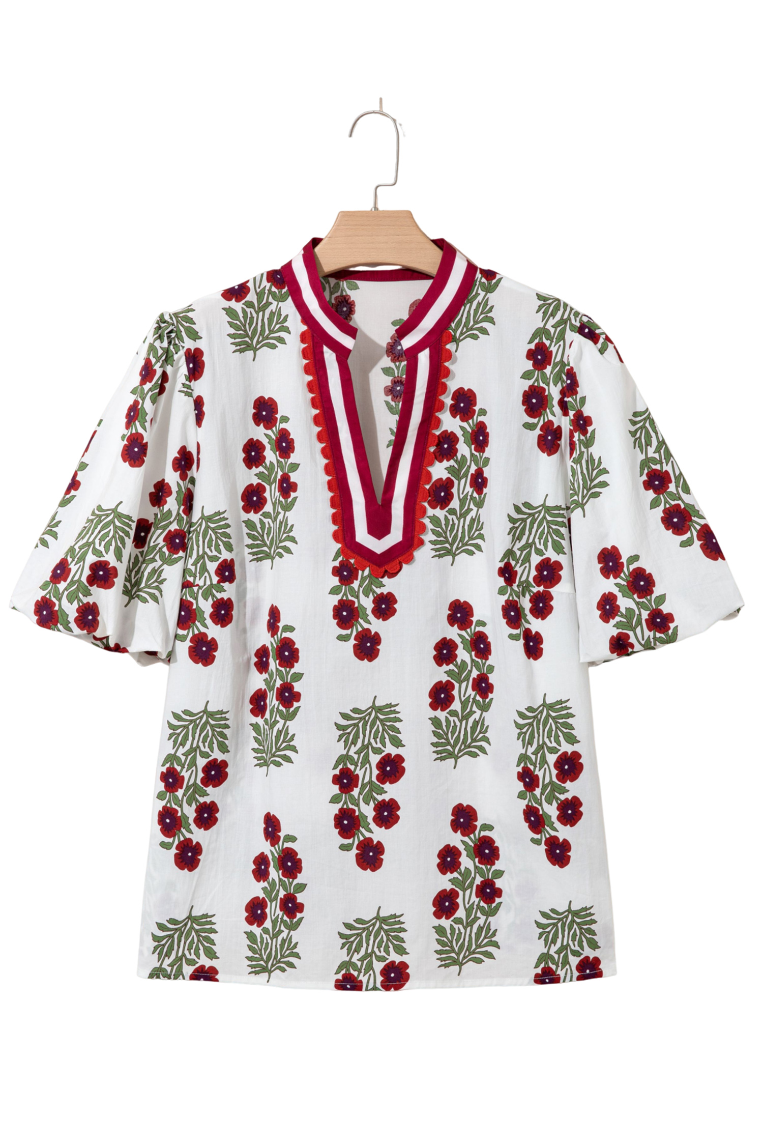 Plus Size White  Floral Print Ricrac Striped Trim Short Sleeve Cotton Blouse