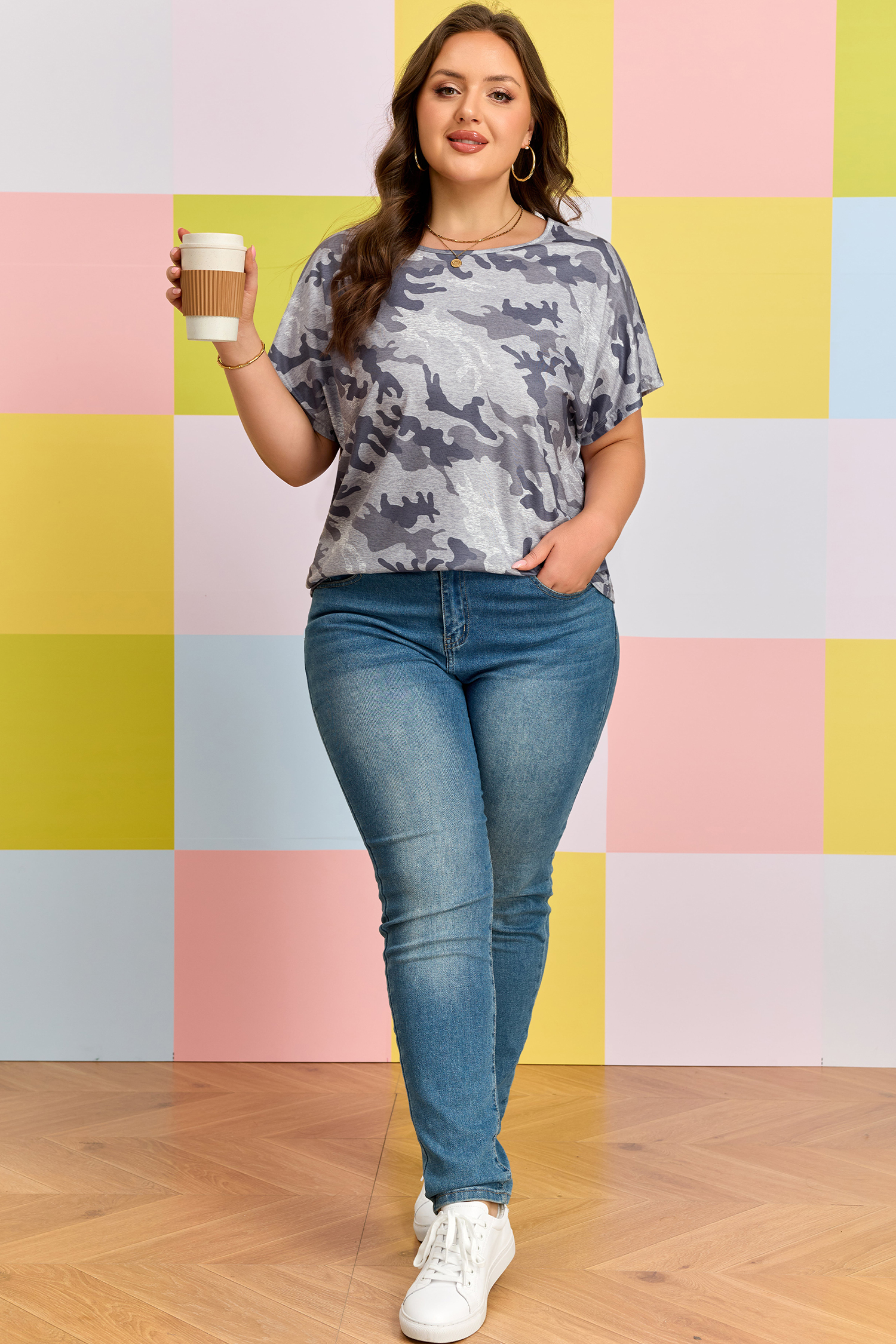 Plus Size Gray  Camo Print Casual T Shirt