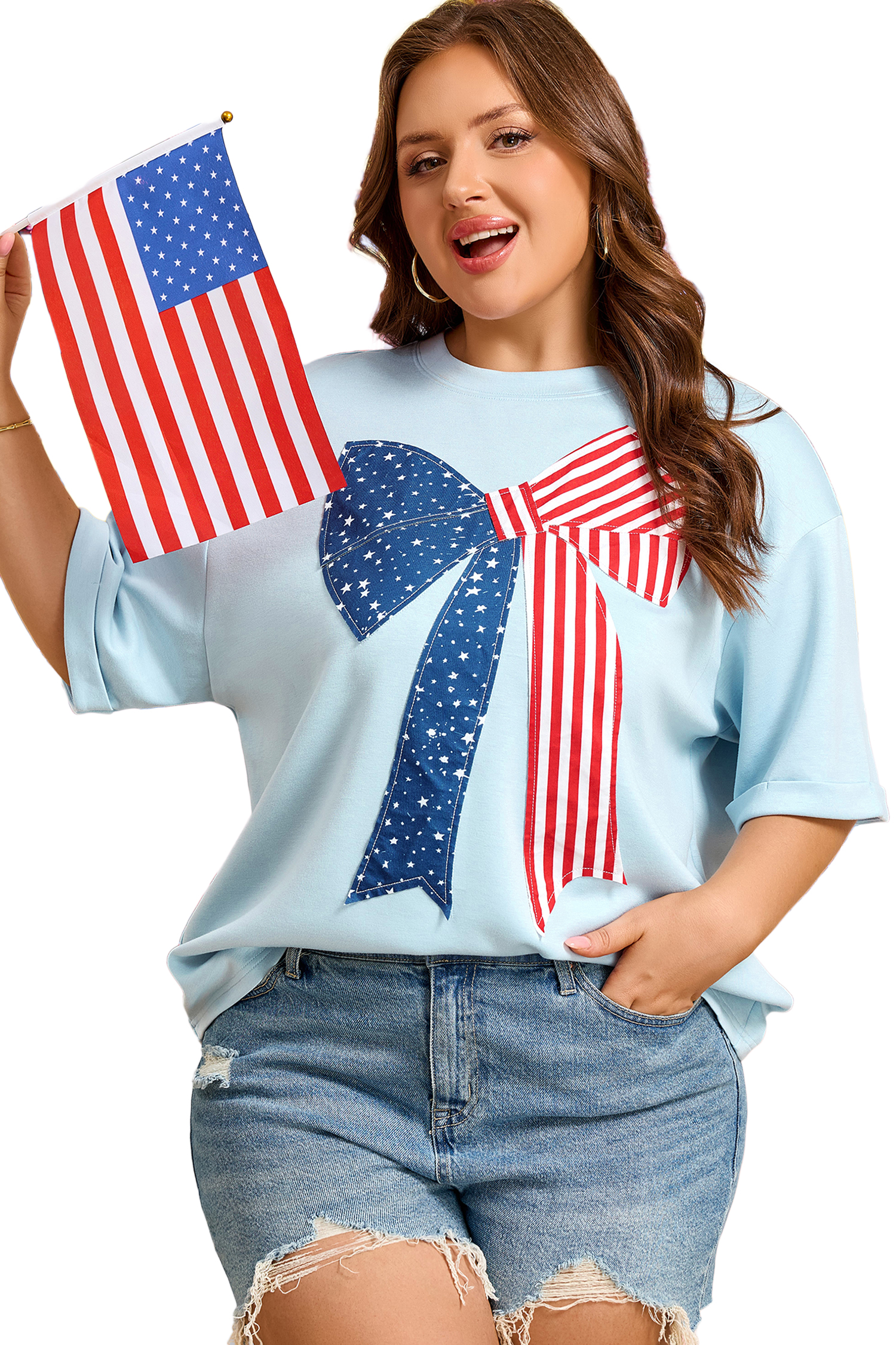 Plus Size Beau Blue  Patriotic Bow Patchwork Graphic T-Shirt