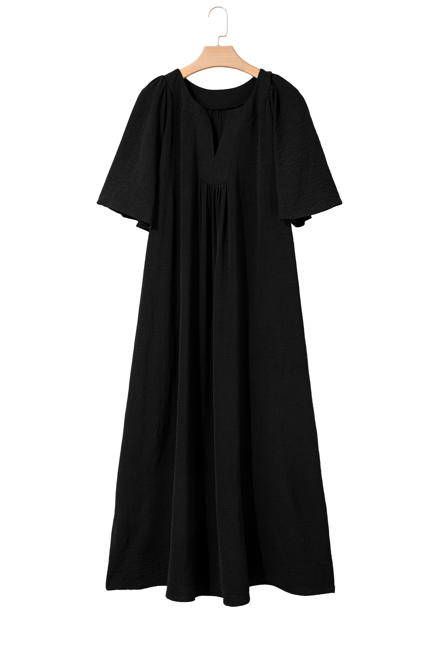 Plus Size Black  Solid Color Notched Neck Short Sleeve Loose Dress