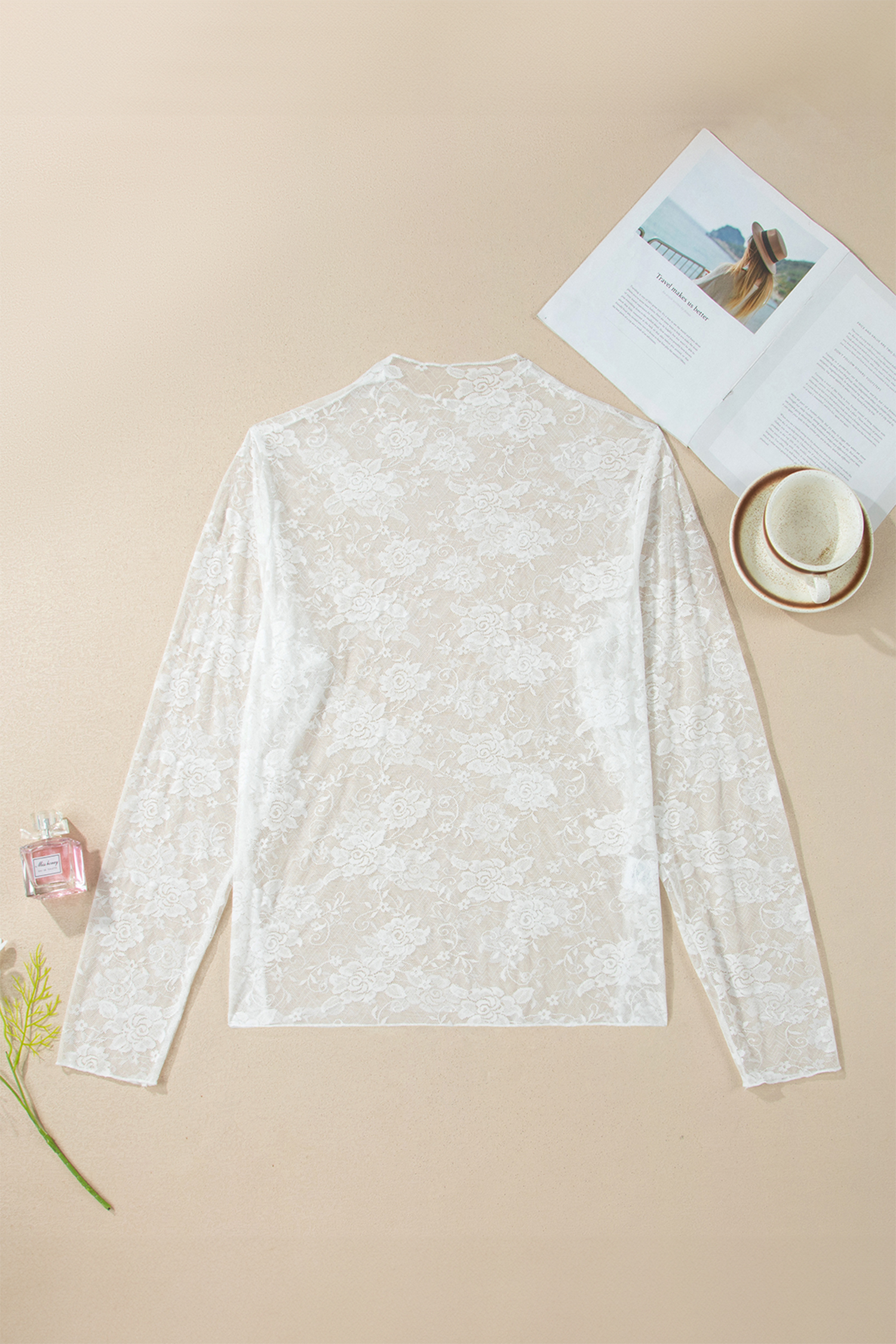 Plus Size White  Floral Mesh Long Sleeve Top