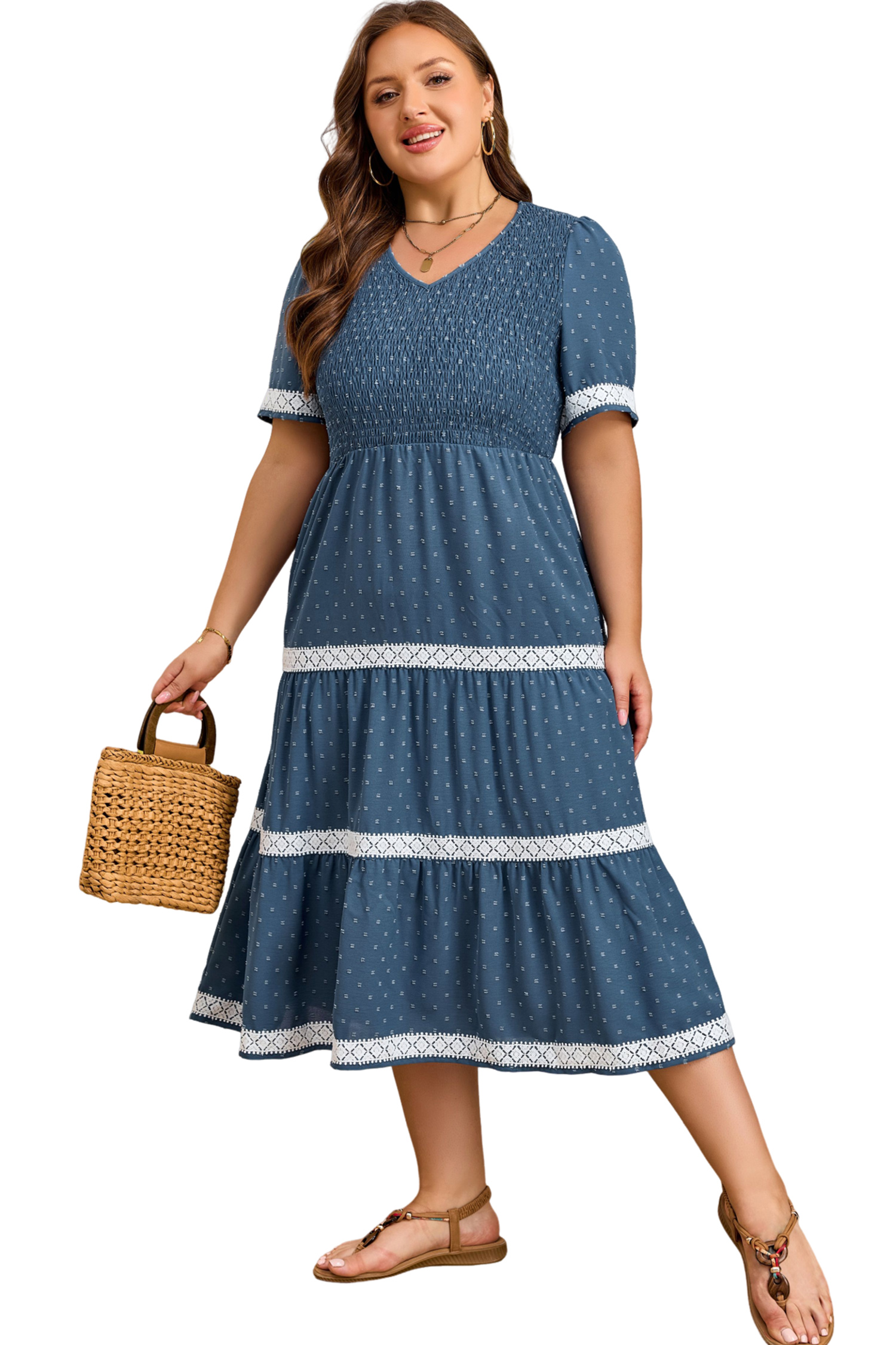 Plus Size Dusk Blue  V Neck Swiss Dot Lace Patchwork Detail Flared Midi Dress