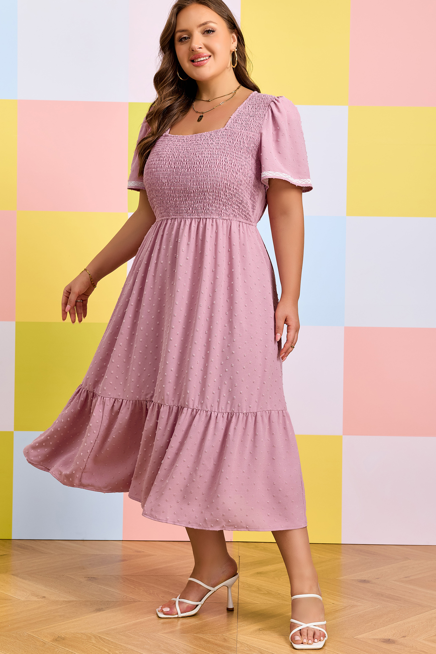 Plus Size Pink  Swiss Dot Short Sleeve Smocked High Waist Flowy Midi Dress