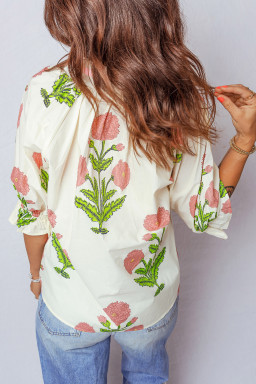 Plus Size Pink  Floral Print Striped Trim V Neck Blouse