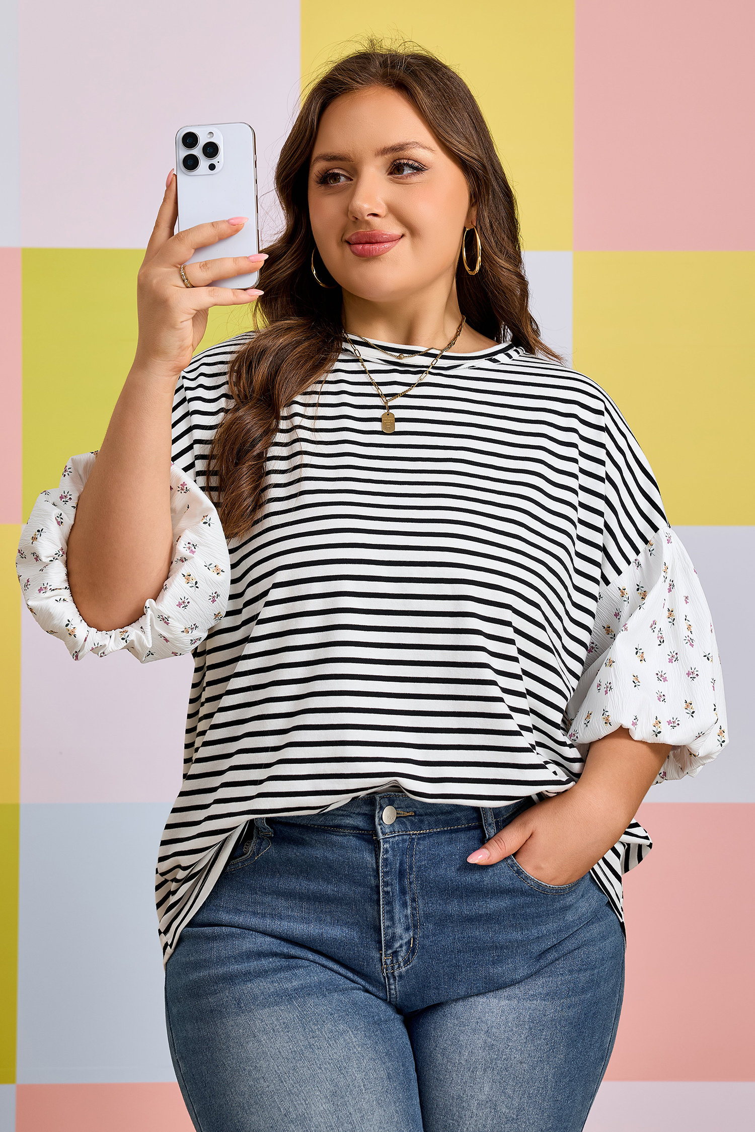 Plus Size Black Stripe  Striped Short Sleeve Top with Floral Puff Sleeves