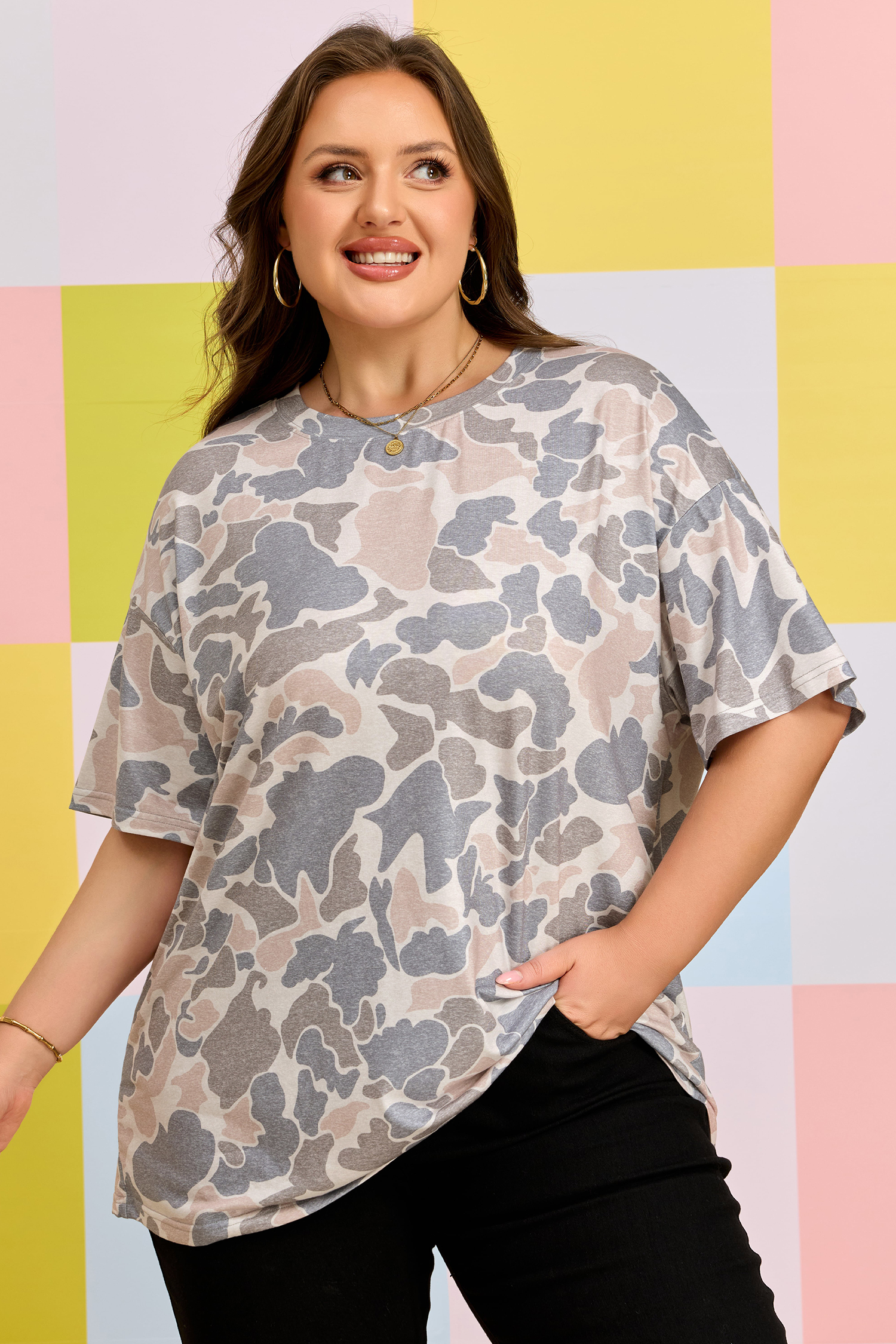 Plus Size Multicolour Retro Camouflage Print  T Shirt