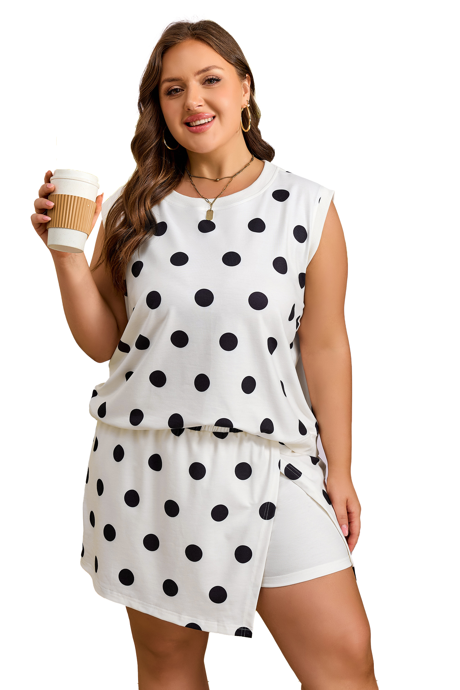 Plus Size White  Polka Dot Printed Tank Split Skort 2pcs Outfit