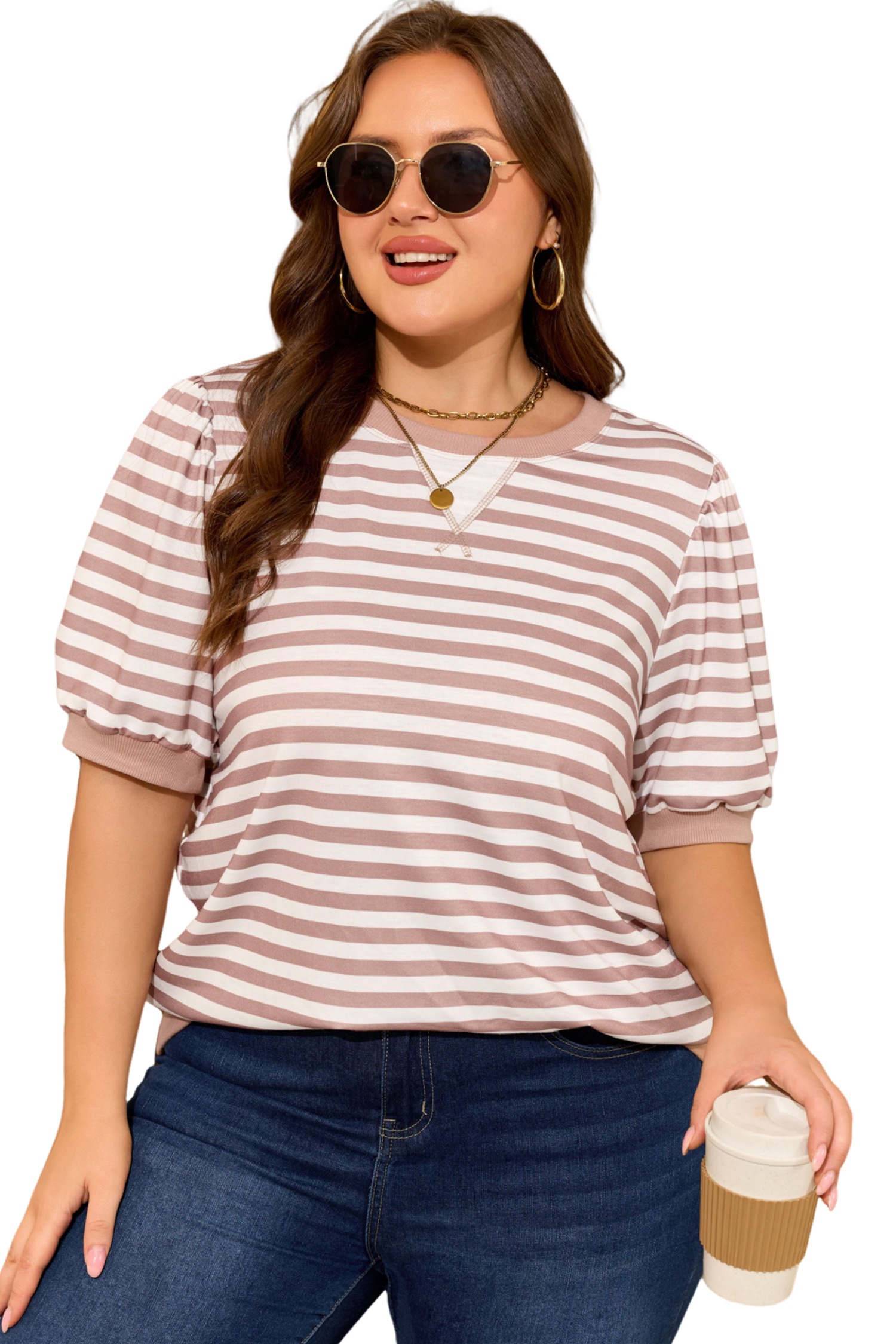 Orange Stripe Ribbed Trim Round Neck Short Puff Sleeve Plus T Shirt