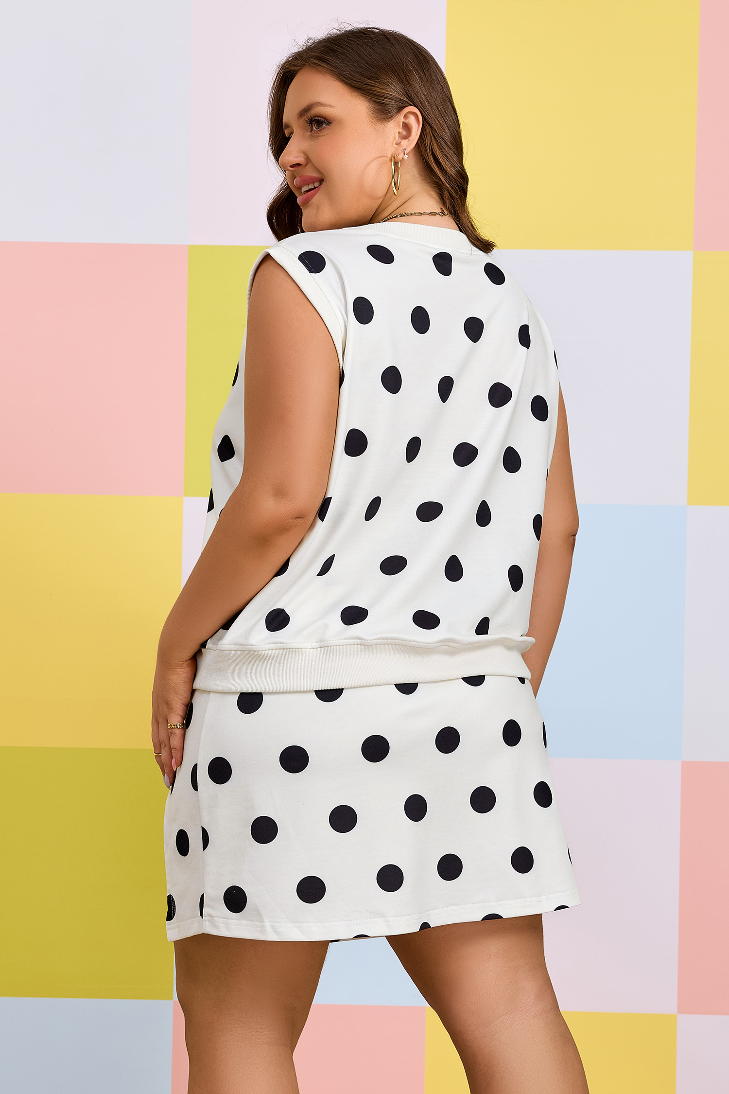 Plus Size White  Polka Dot Printed Tank Split Skort 2pcs Outfit