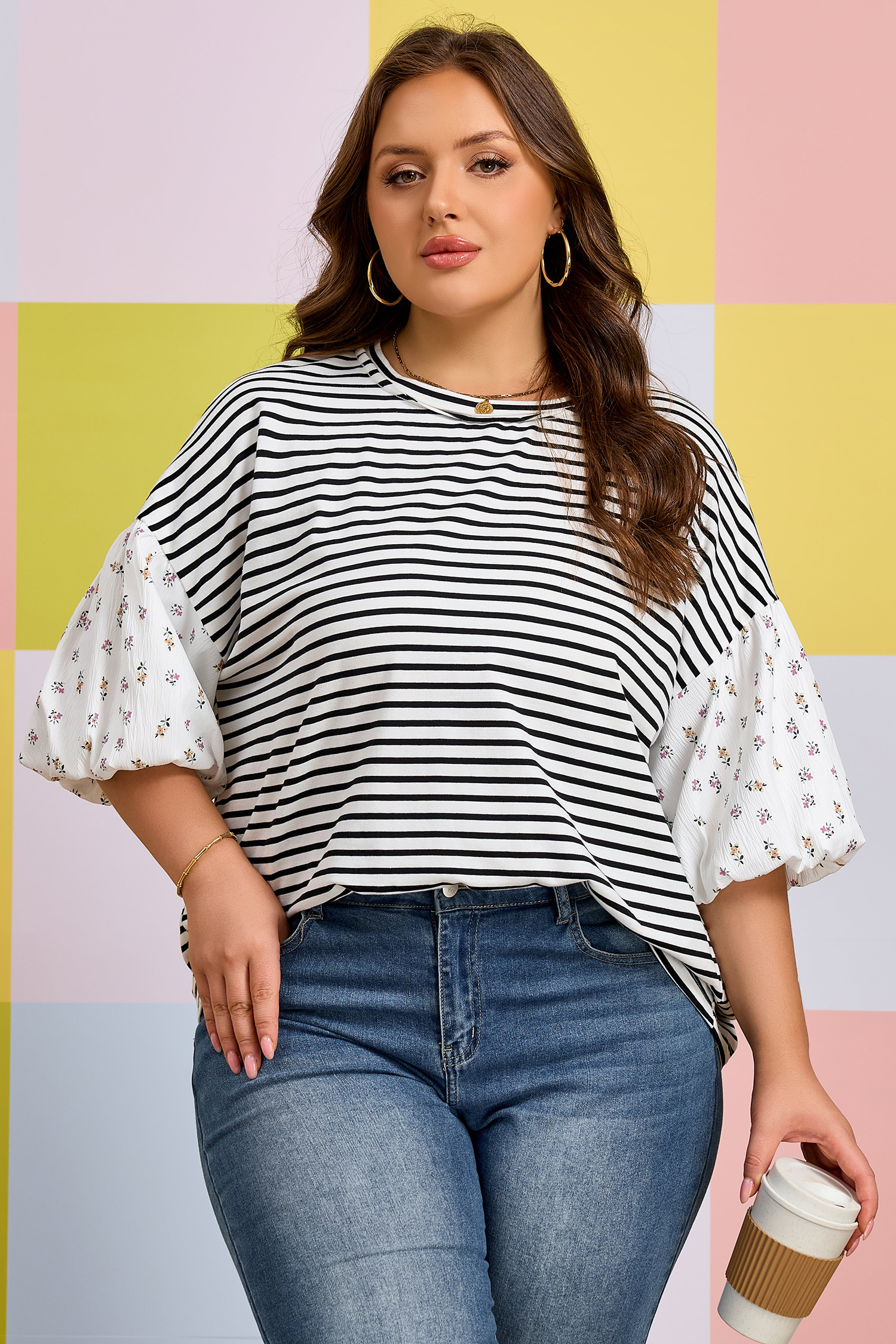Plus Size Black Stripe  Striped Short Sleeve Top with Floral Puff Sleeves