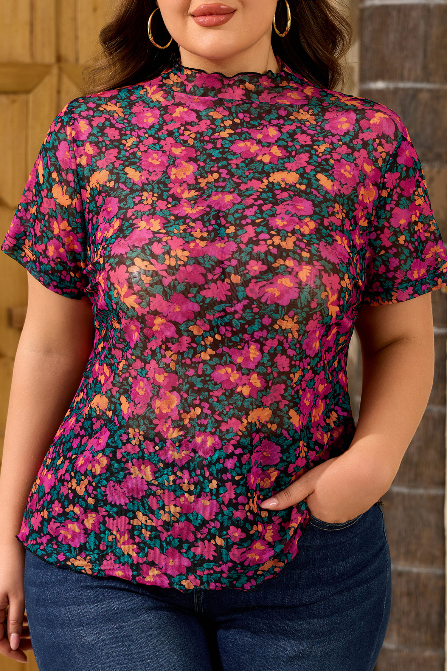 Plus Size Rose  Floral Mesh Short Sleeve Top