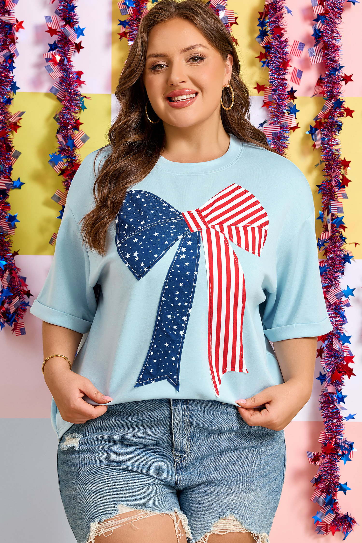 Plus Size Beau Blue  Patriotic Bow Patchwork Graphic T-Shirt