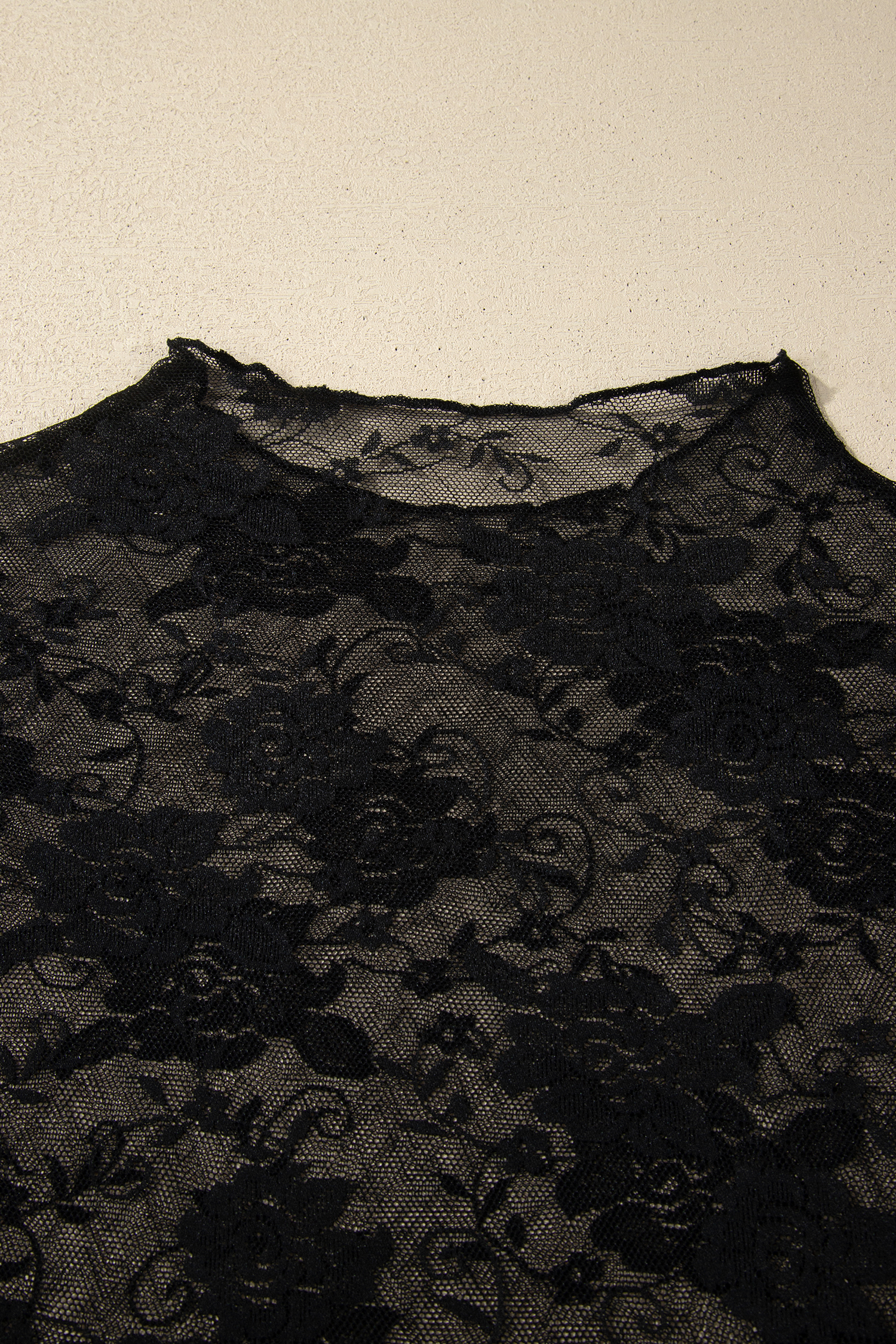 Plus Size Black  Floral Mesh Long Sleeve Top