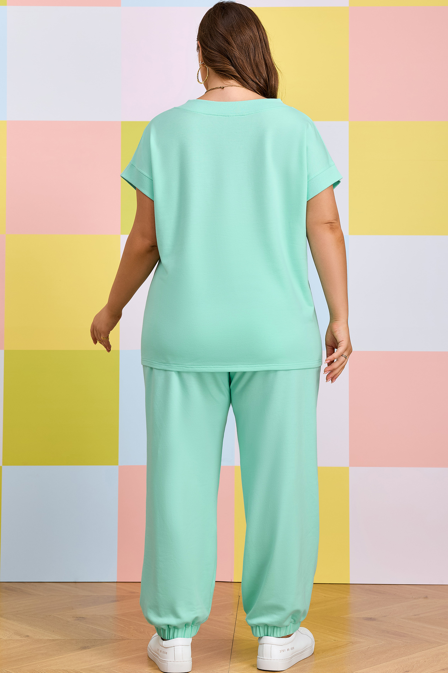 Plus Size Mint Green Solid V-Neck Tee and Drawstring  Pants Set