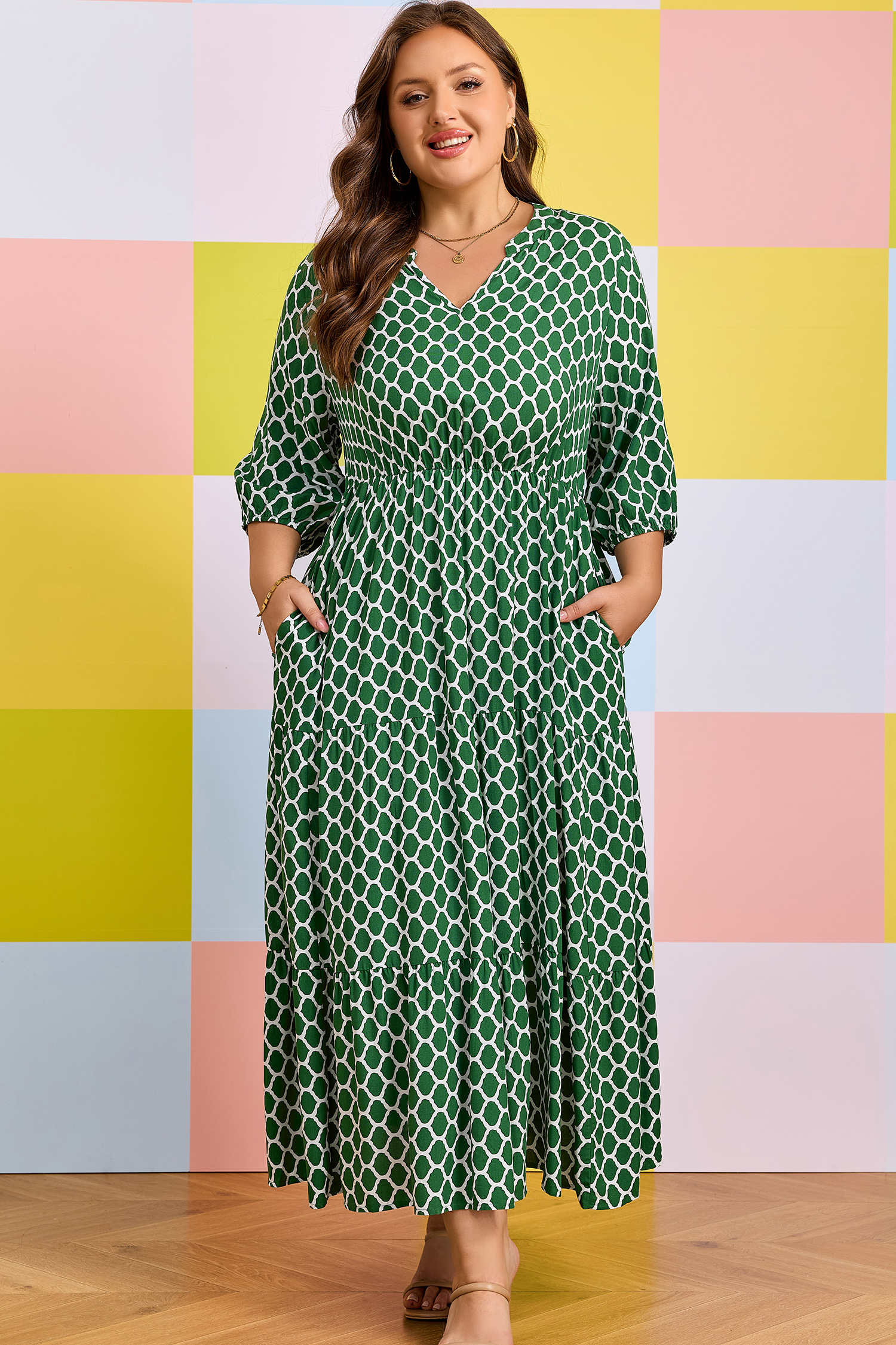 Plus Size Green  Geometric Print Pocketed Ruffle Hem Casual Dress