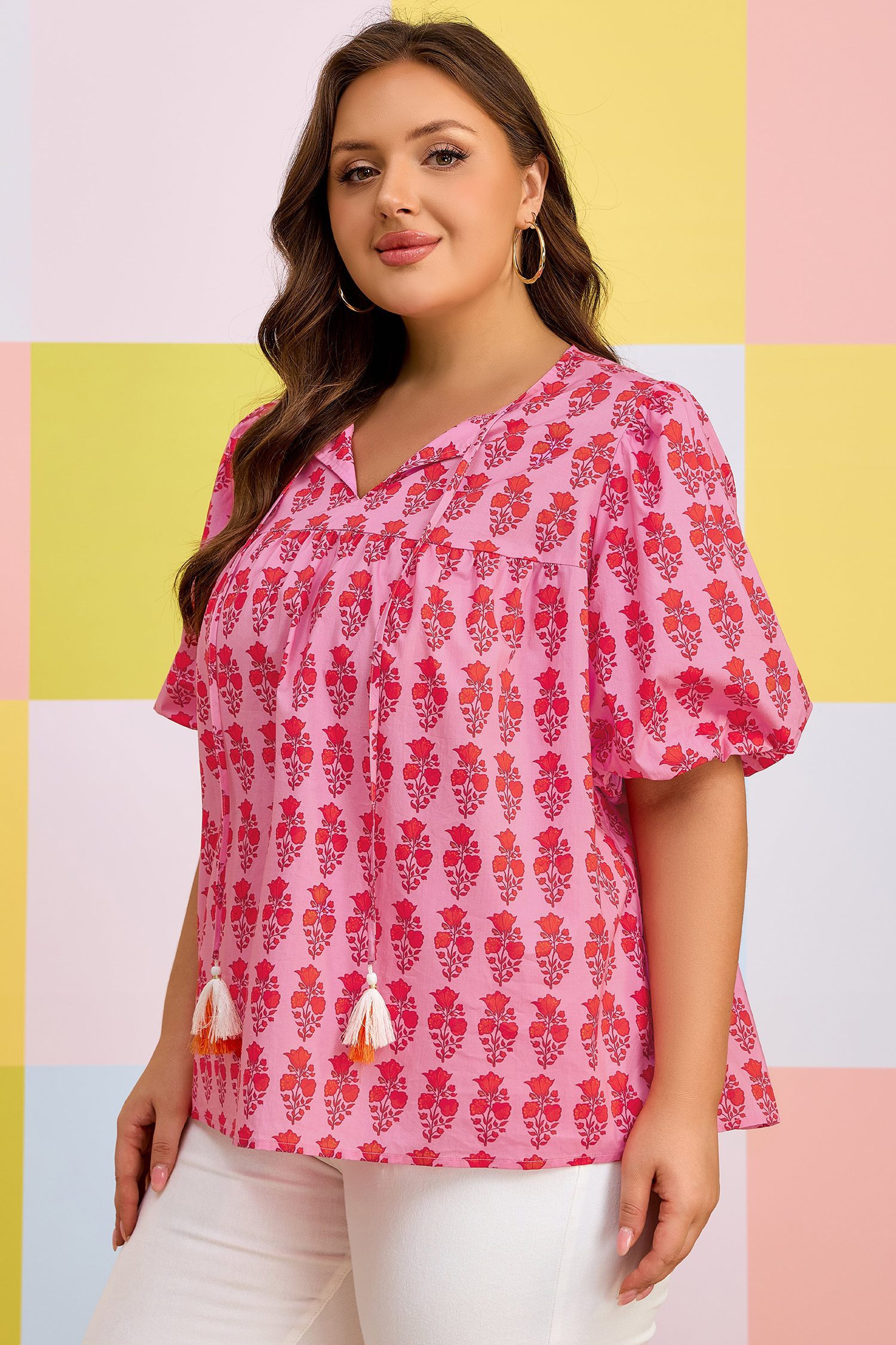 Plus Size Pink  Floral Print Tassel Tie Puff Sleeve Cotton Blouse
