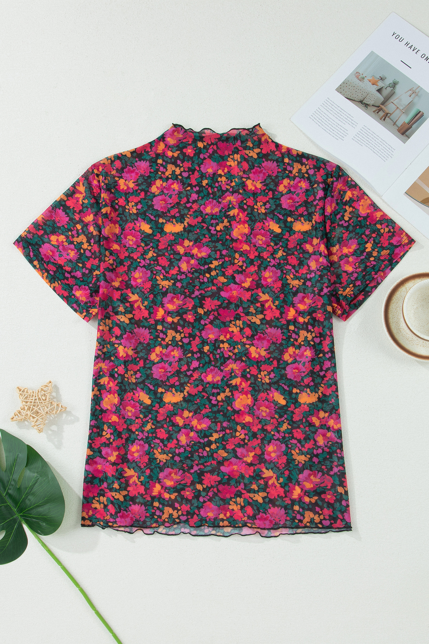 Plus Size Rose  Floral Mesh Short Sleeve Top