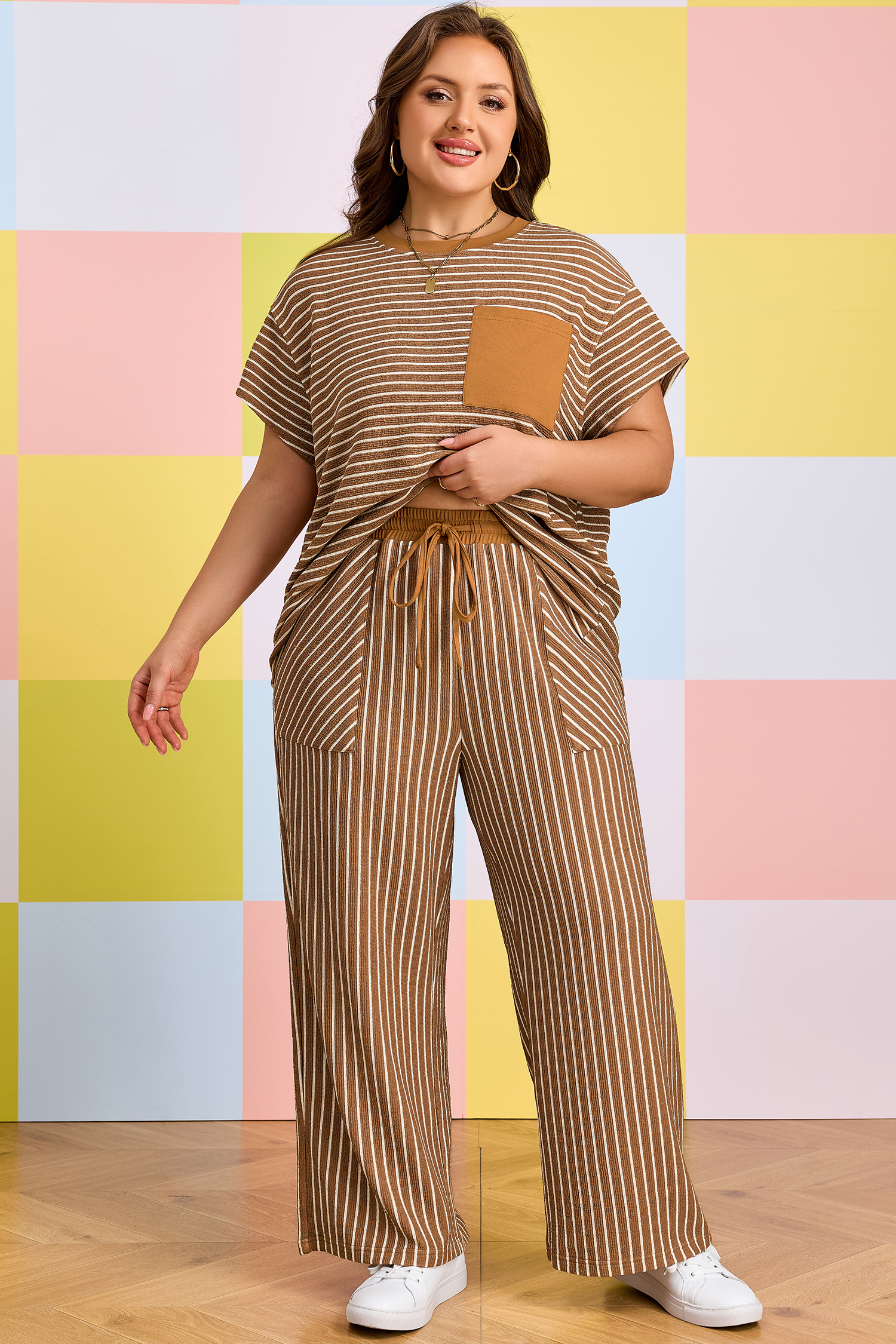Plus Size Khaki Stripe  Striped Colorblock Pocket Lounge Set