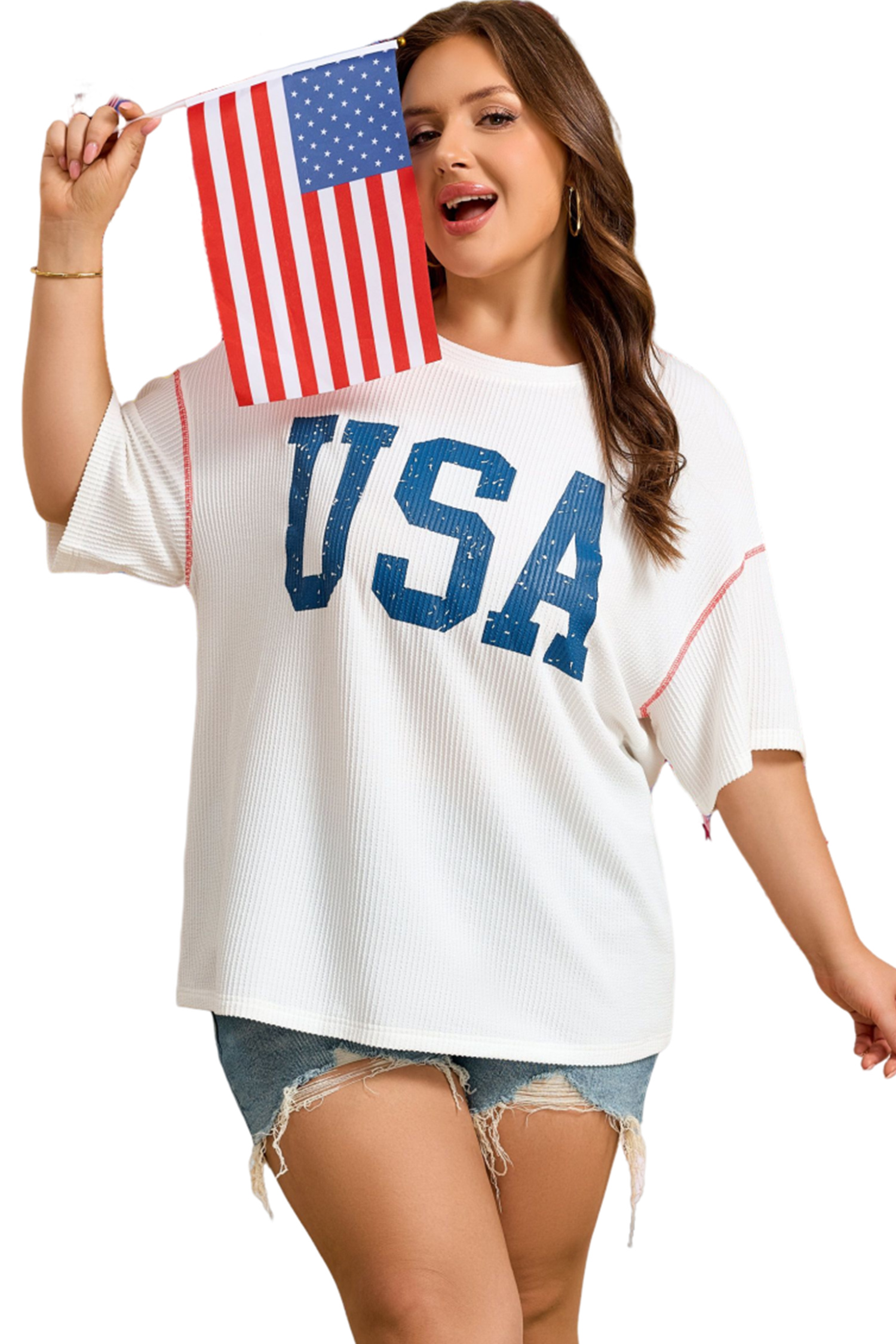 Plus Size White  Twisted Rib Vintage USA Letter Printed T Shirt
