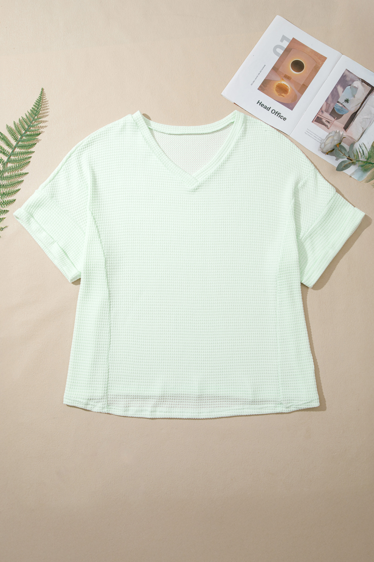 Plus Size Clearly Aqua V Neck Short Sleeve  Waffle Knit Top