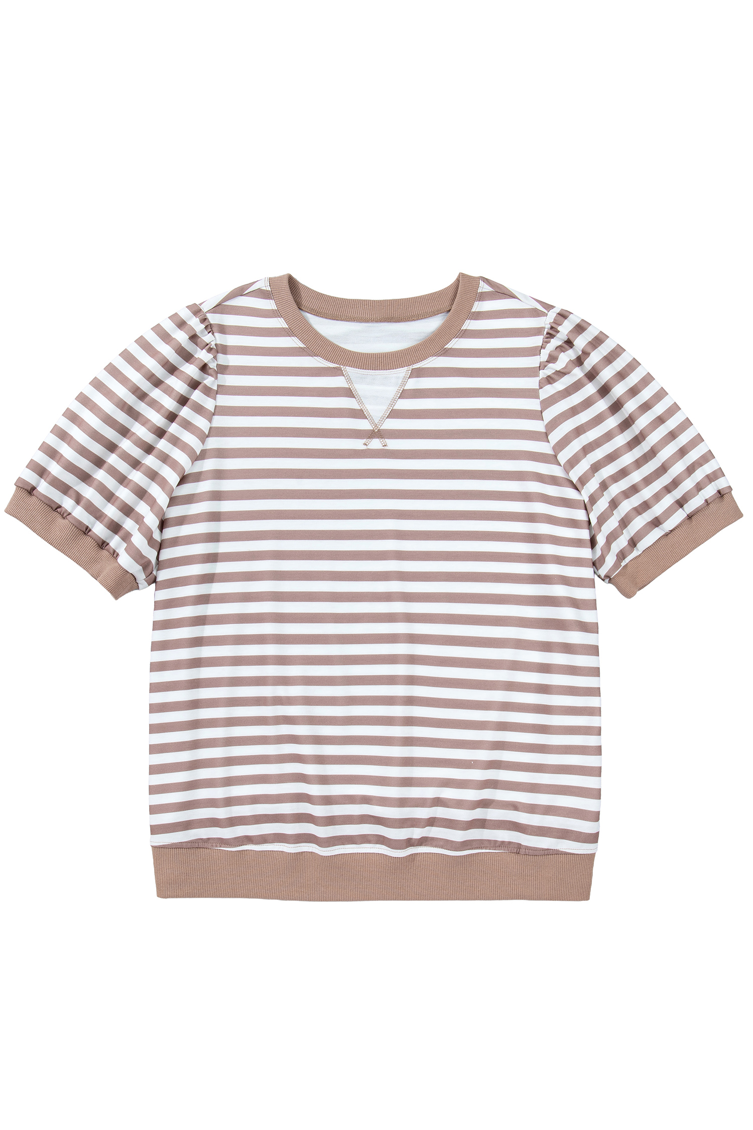 Orange Stripe Ribbed Trim Round Neck Short Puff Sleeve Plus T Shirt