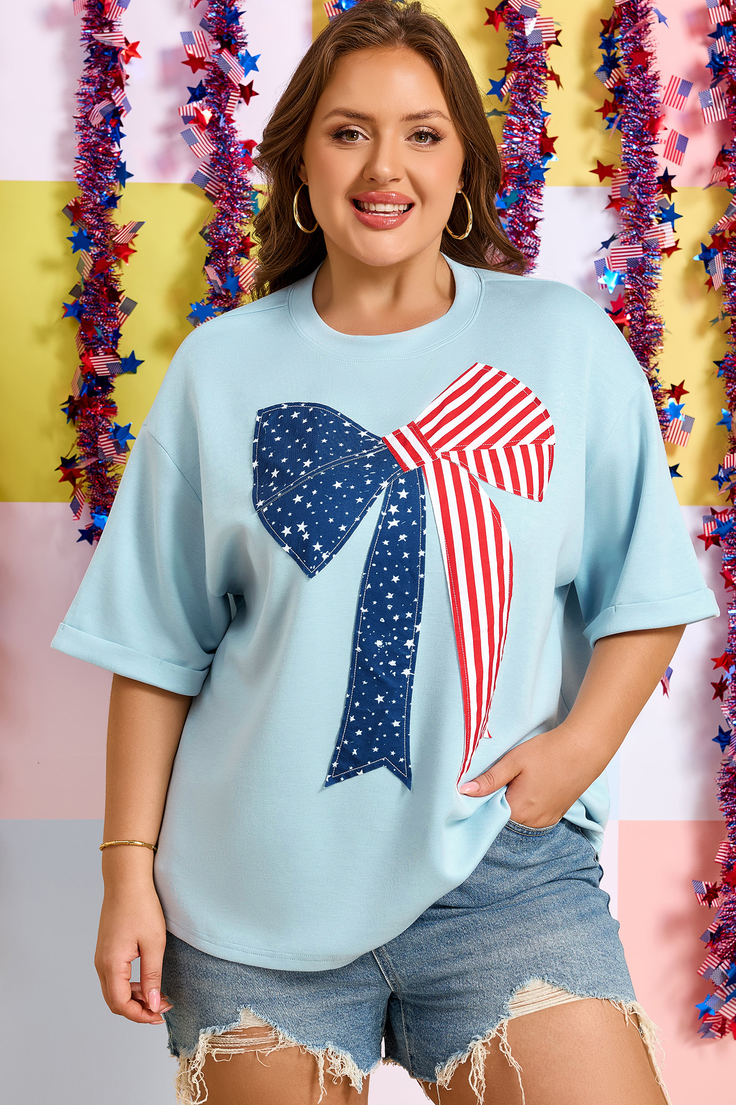 Plus Size Beau Blue  Patriotic Bow Patchwork Graphic T-Shirt