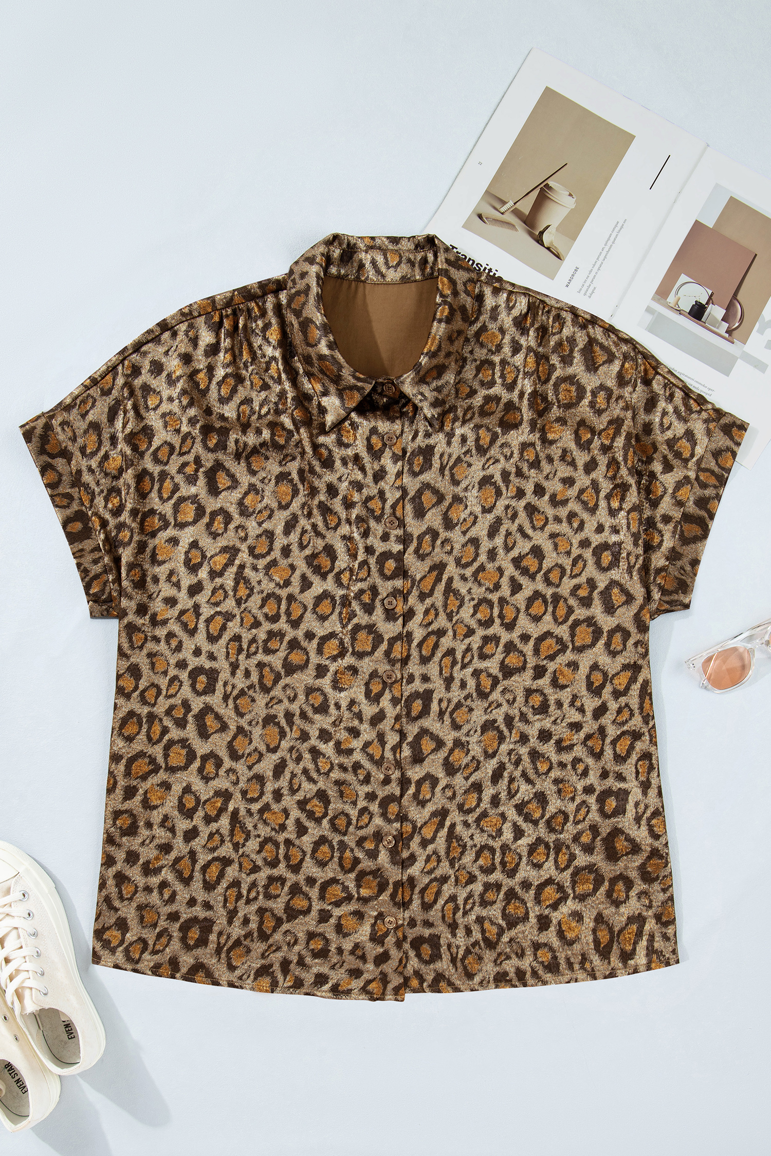 Plus Size Gold  Leopard Print Short Sleeve Dolman Shirt