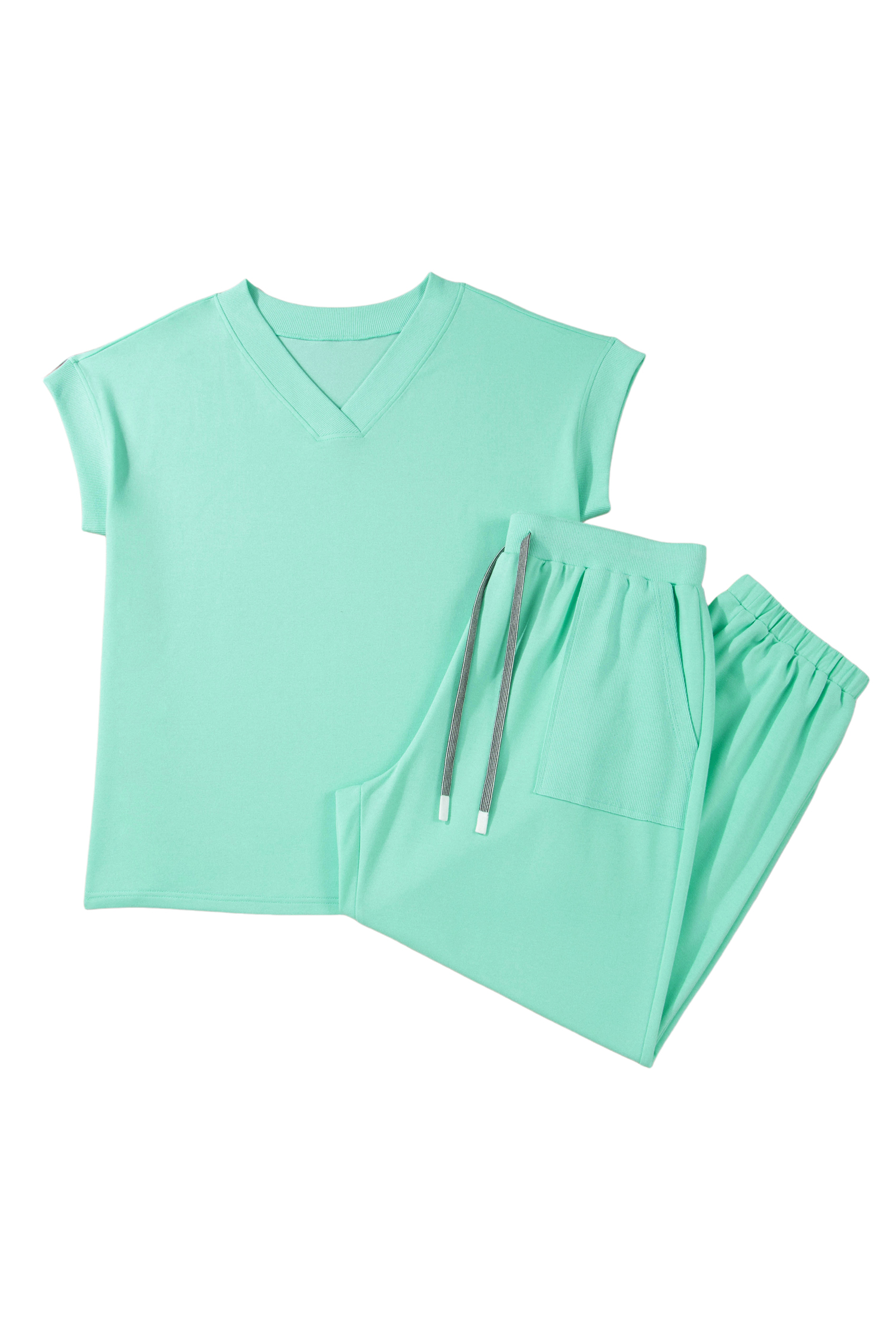 Plus Size Mint Green Solid V-Neck Tee and Drawstring  Pants Set