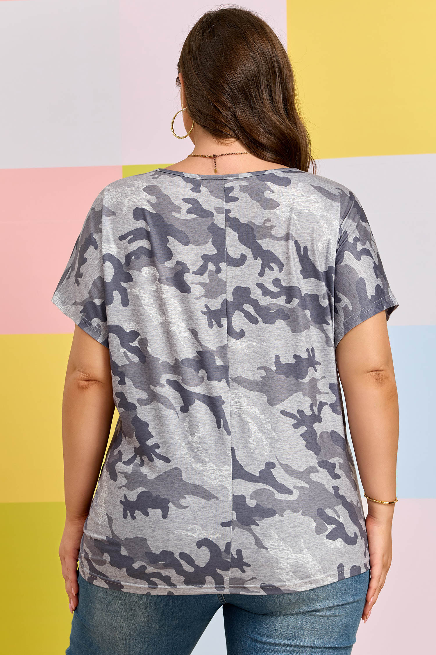 Plus Size Gray  Camo Print Casual T Shirt