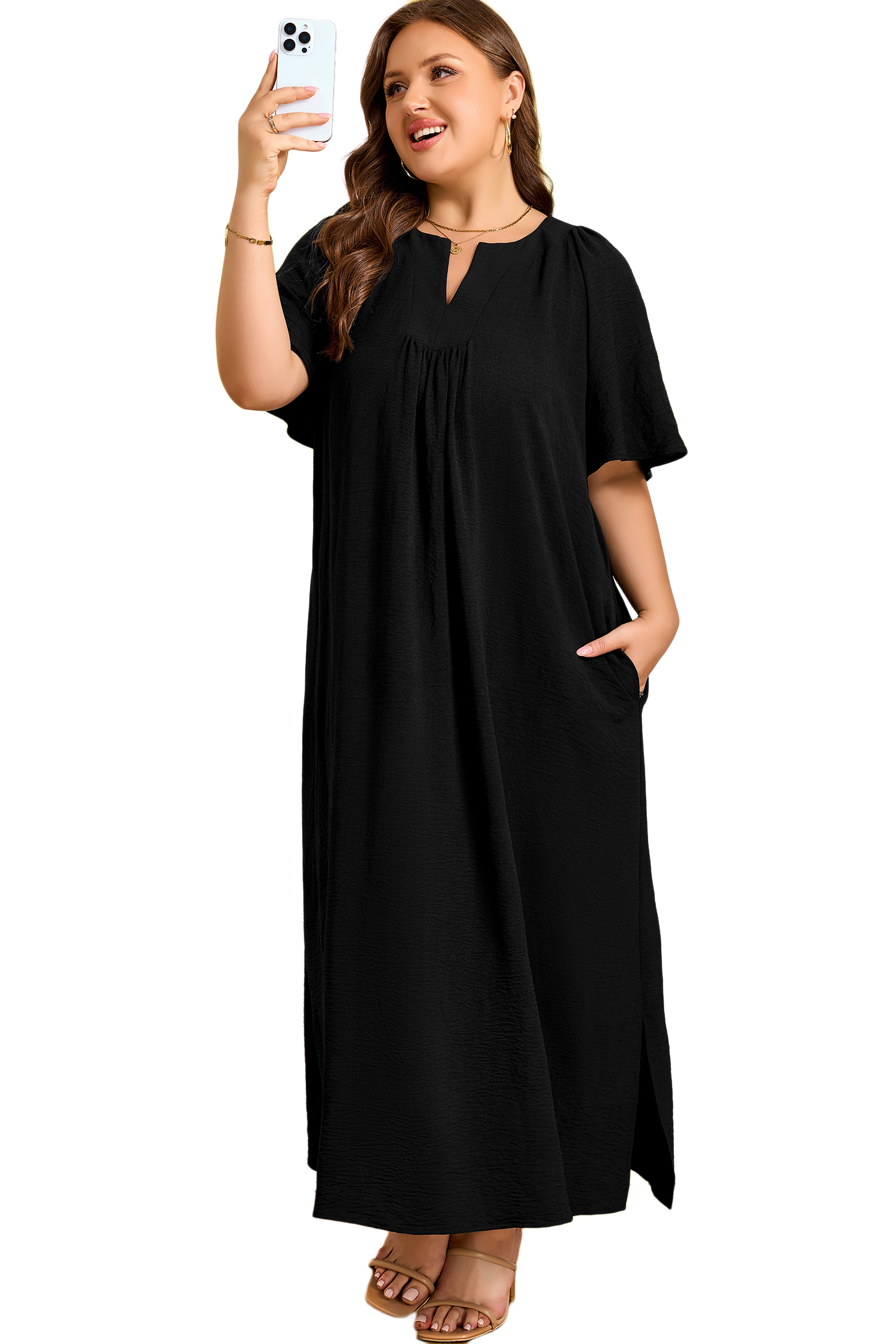 Plus Size Black  Solid Color Notched Neck Short Sleeve Loose Dress