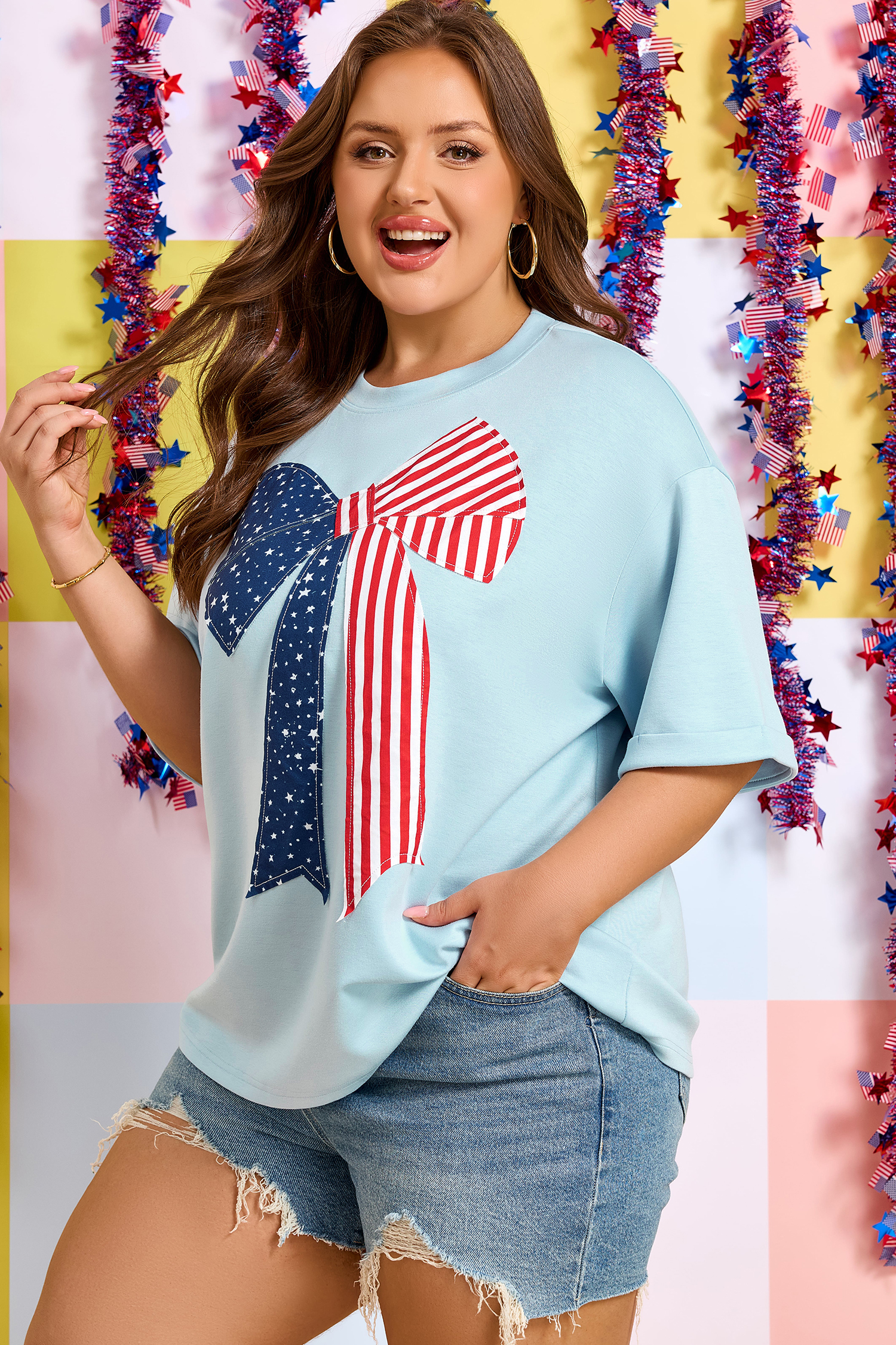 Plus Size Beau Blue  Patriotic Bow Patchwork Graphic T-Shirt