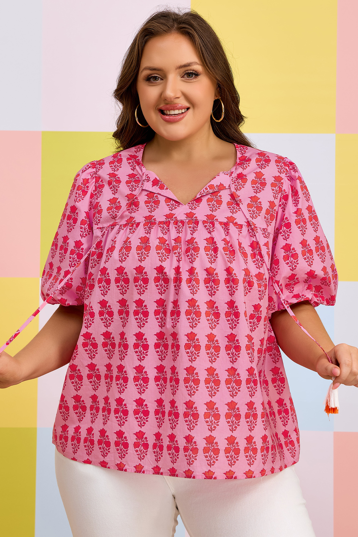 Plus Size Pink  Floral Print Tassel Tie Puff Sleeve Cotton Blouse